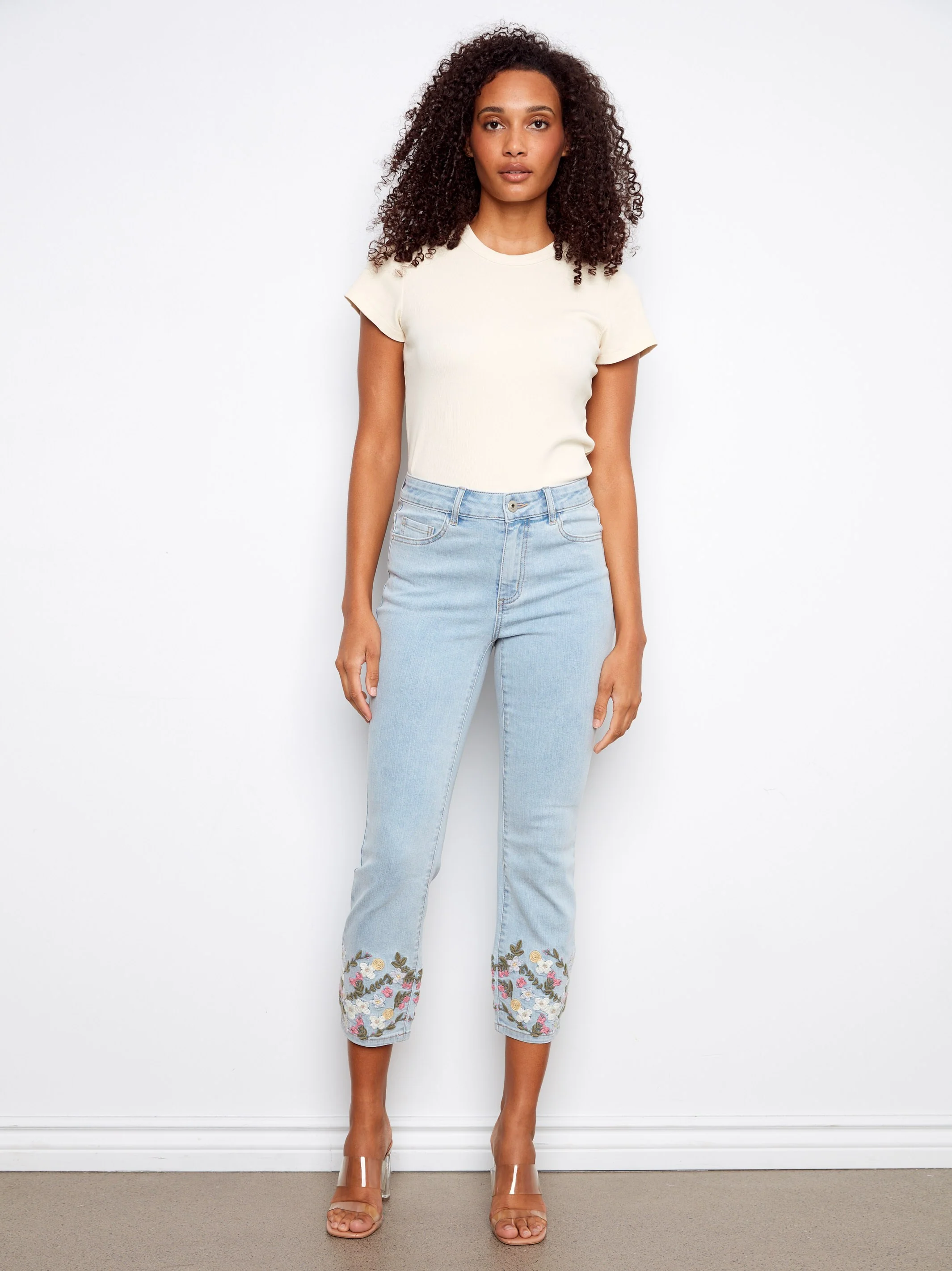 Cropped Slim Jeans with Embroidery - Light Blue - Image 5