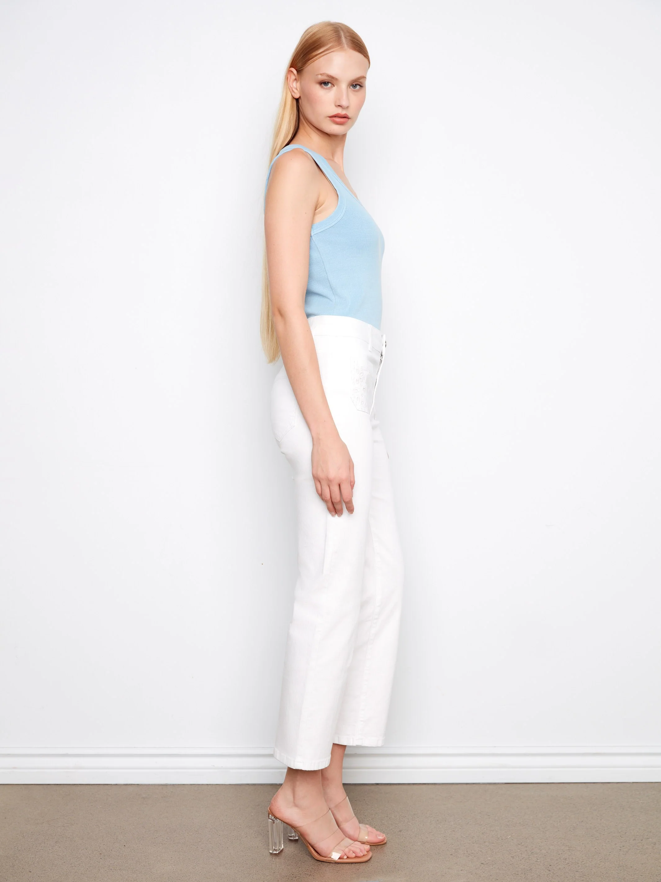 Cropped Straight Leg Jeans With Eyelet Pockets - White - Image 4