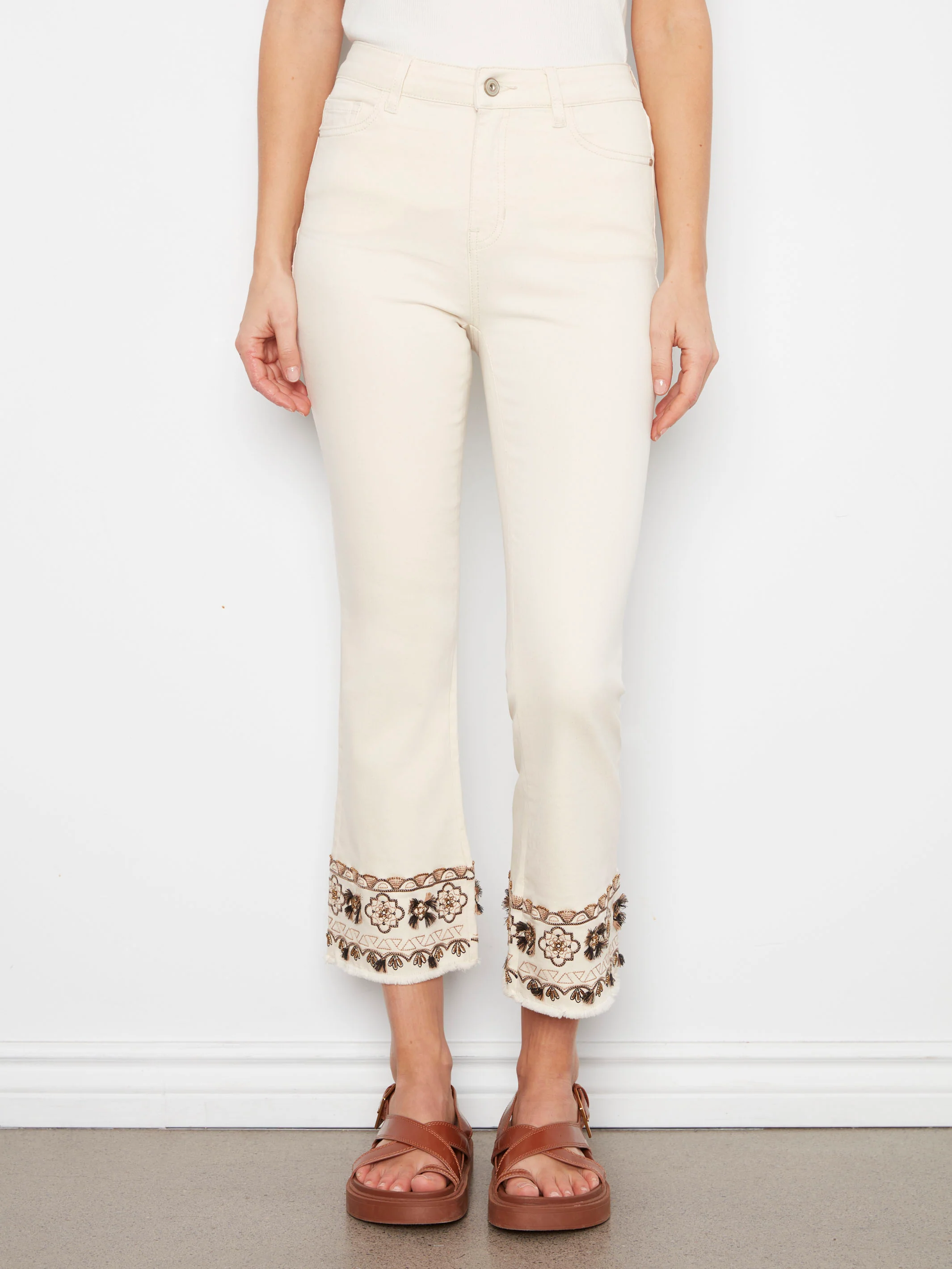Cropped Twill Pants With Embroidered Hem - Natural - Image 2