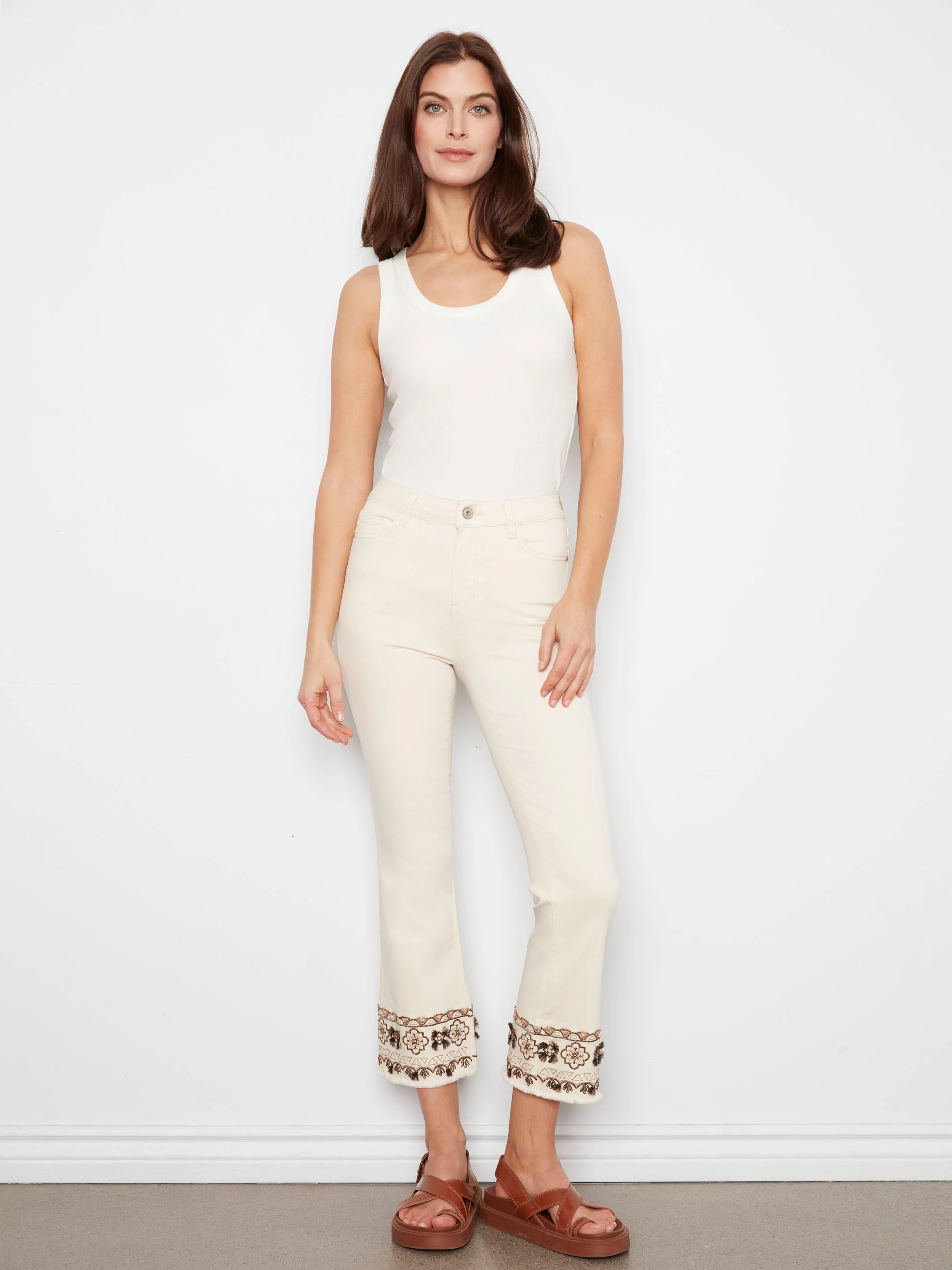 Cropped Twill Pants With Embroidered Hem - Natural - Image 5