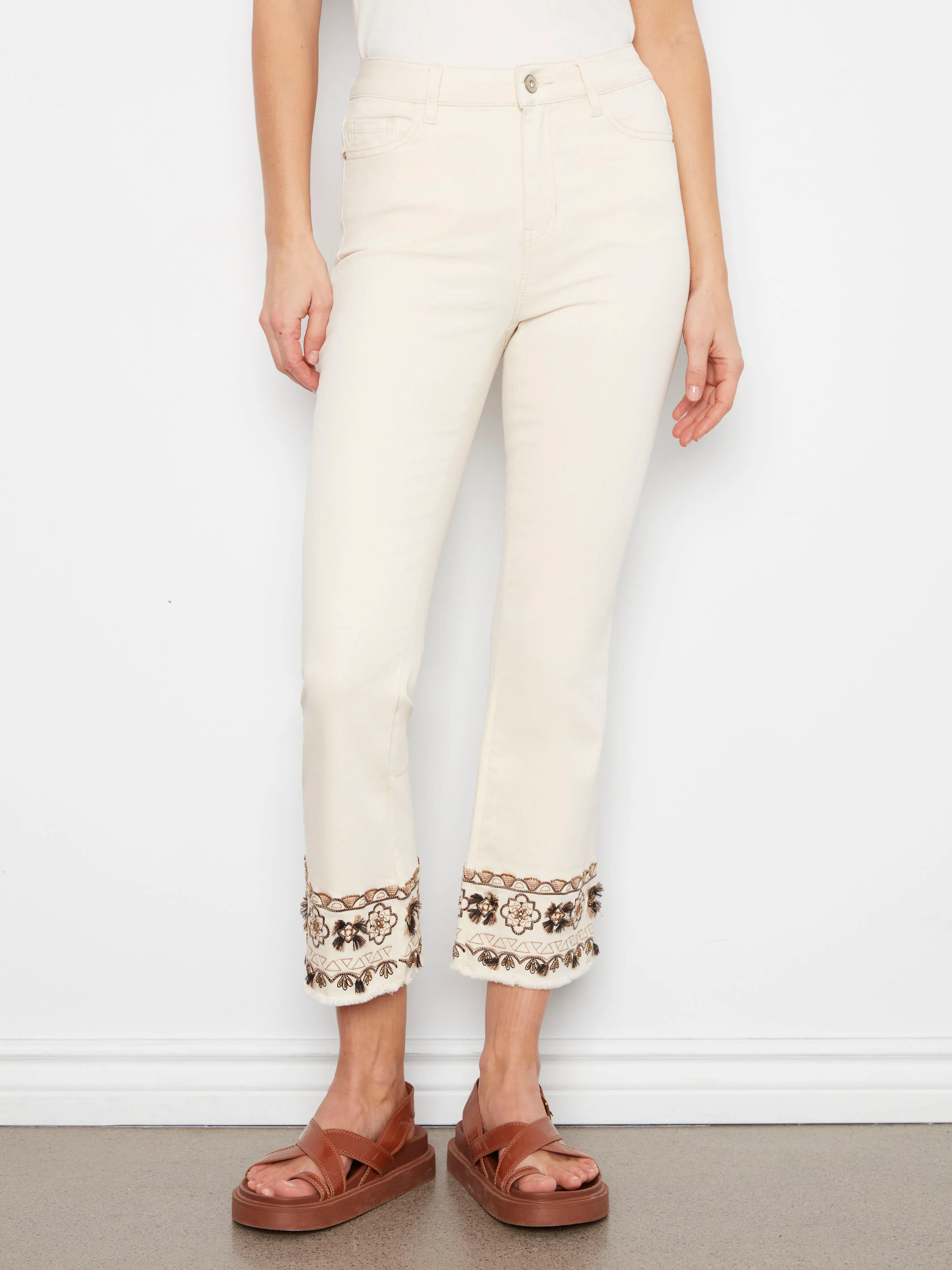Cropped Twill Pants With Embroidered Hem - Natural - Image 7