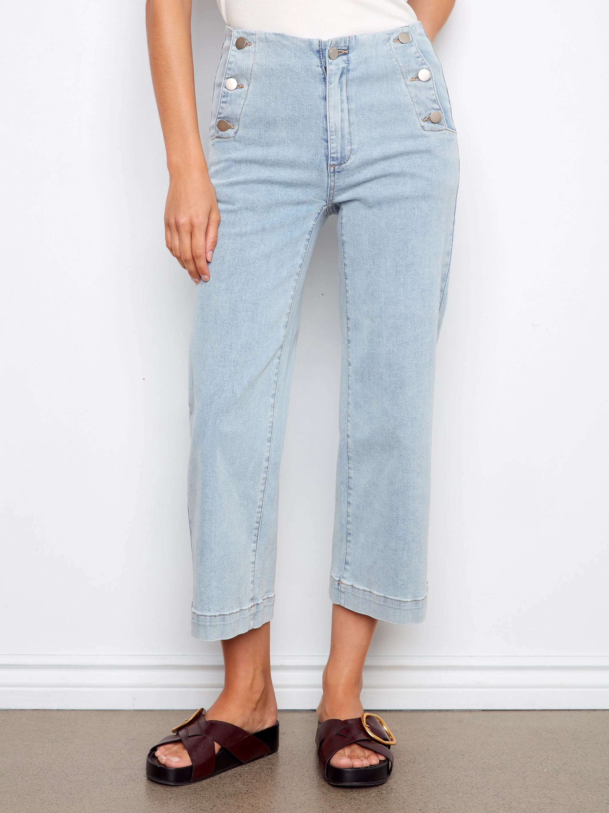 Cropped Wide Leg Jeans With Side Buttons - Light Blue - Image 2