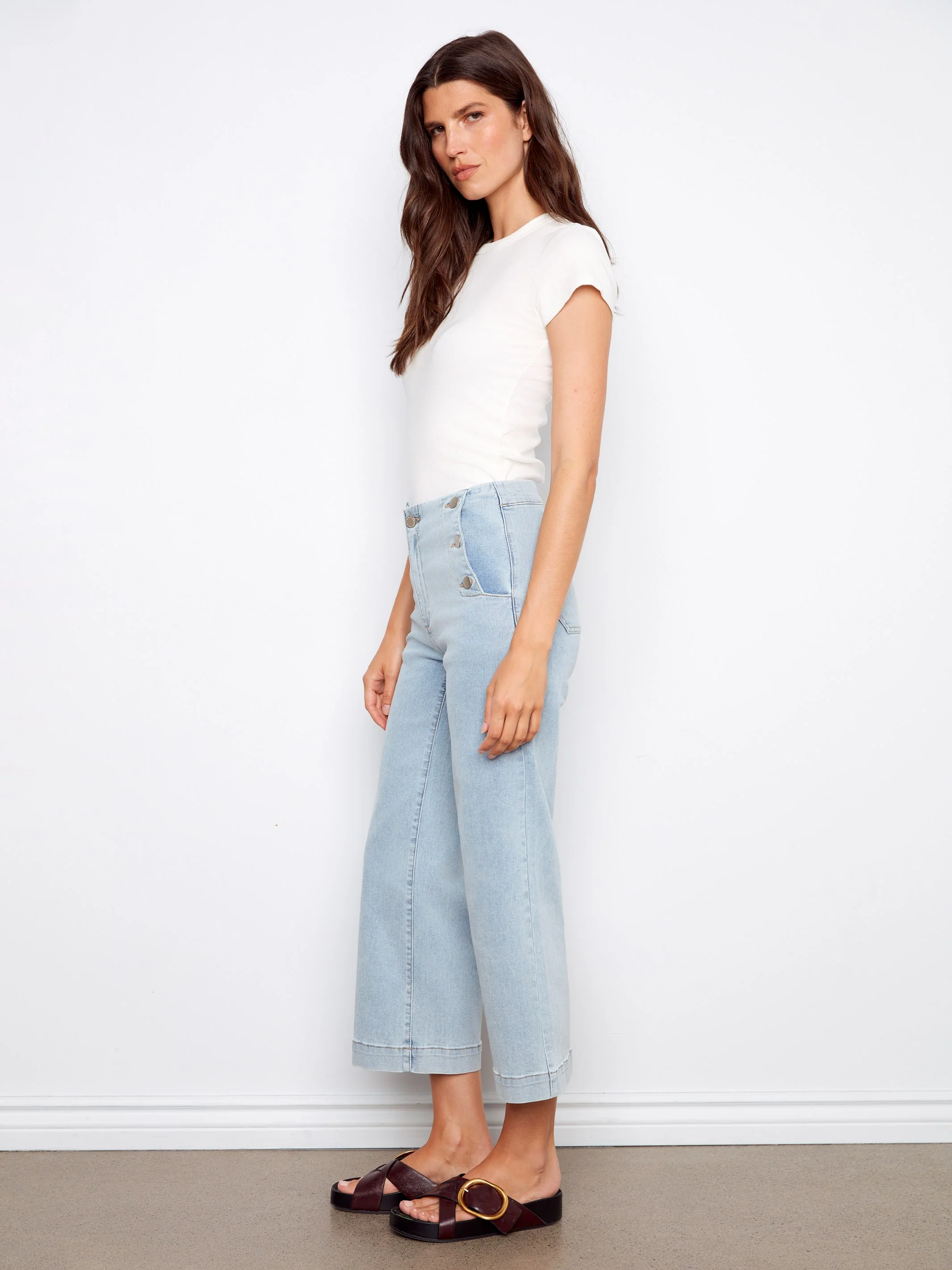 Cropped Wide Leg Jeans With Side Buttons - Light Blue - Image 3