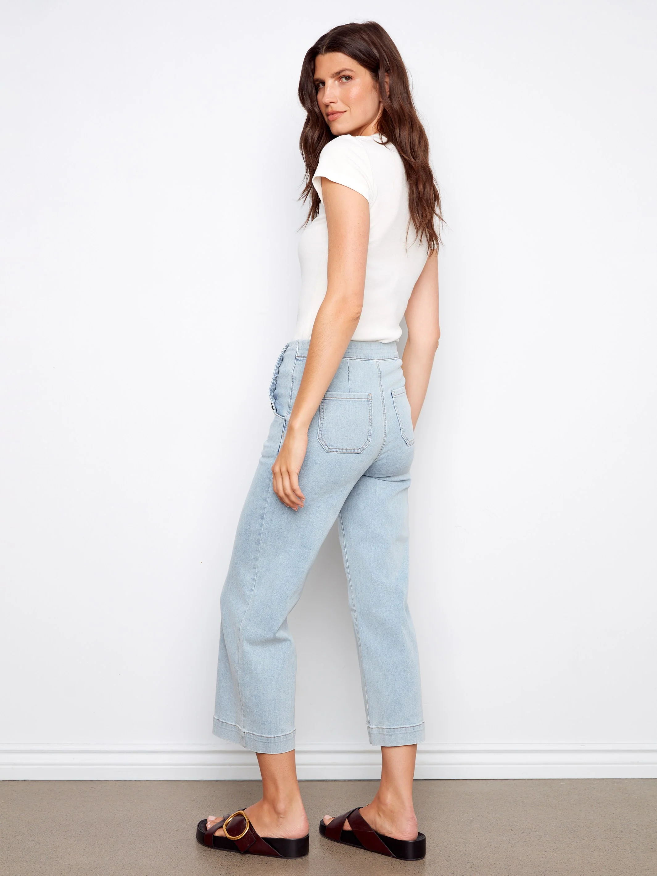 Cropped Wide Leg Jeans With Side Buttons - Light Blue - Image 4