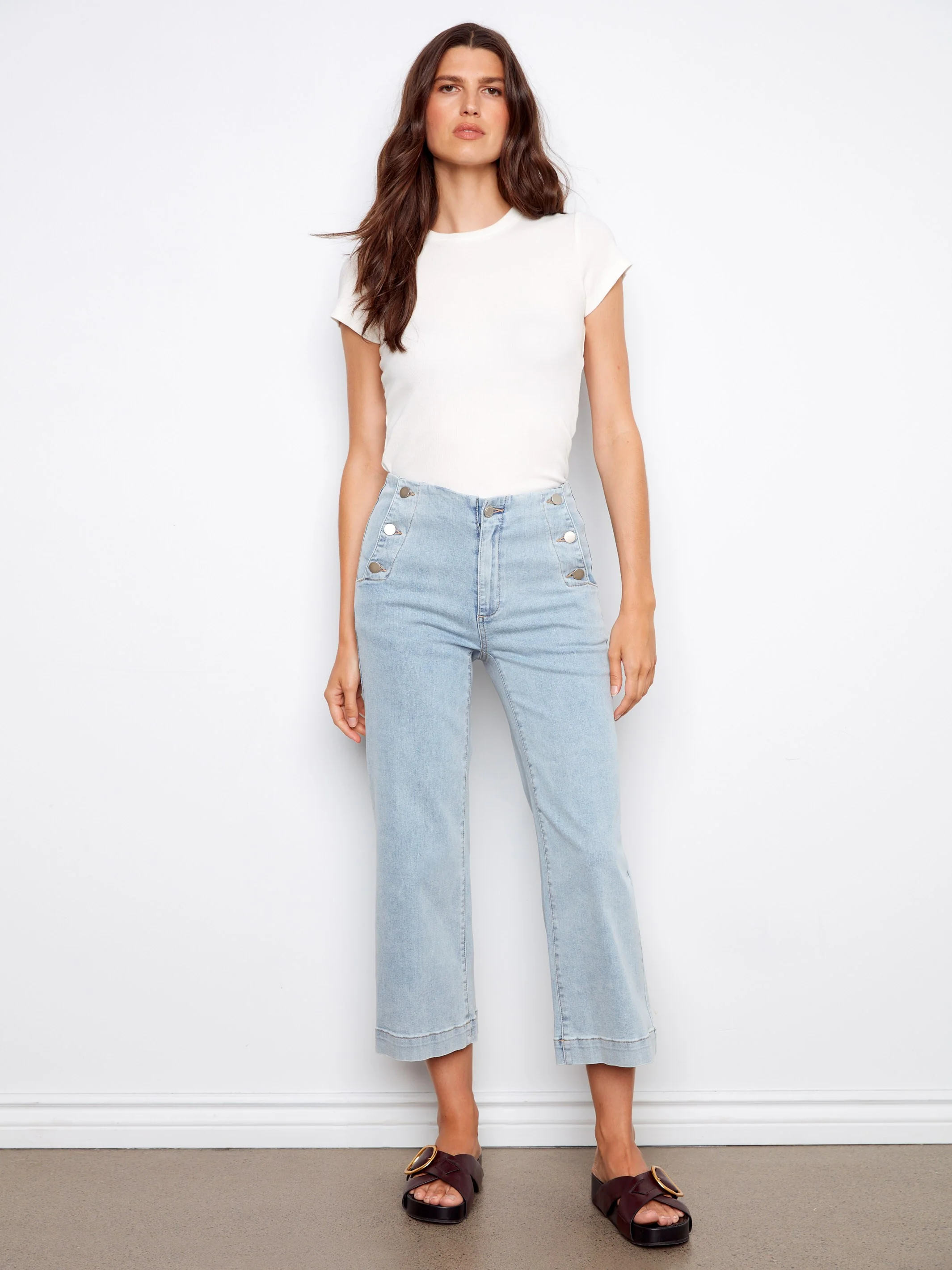 Cropped Wide Leg Jeans With Side Buttons - Light Blue - Image 5