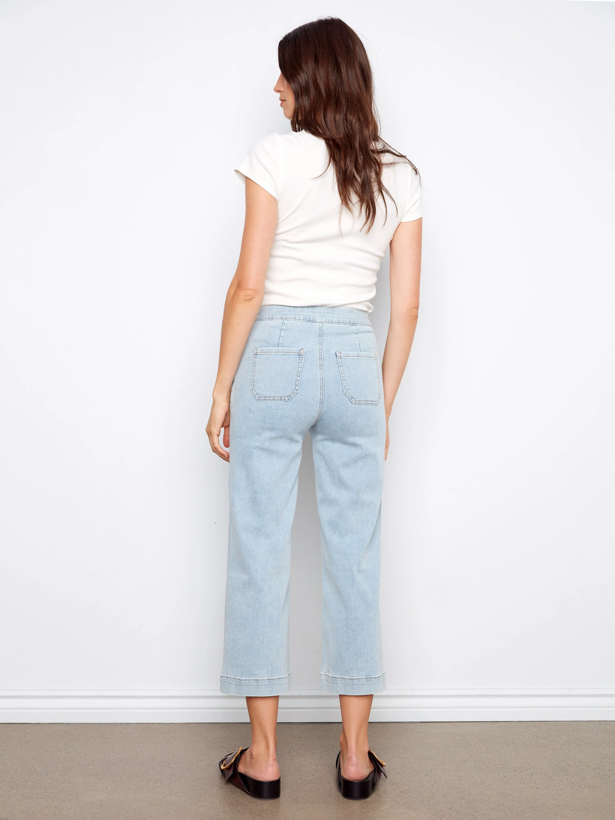 Cropped Wide Leg Jeans With Side Buttons - Light Blue - Image 6