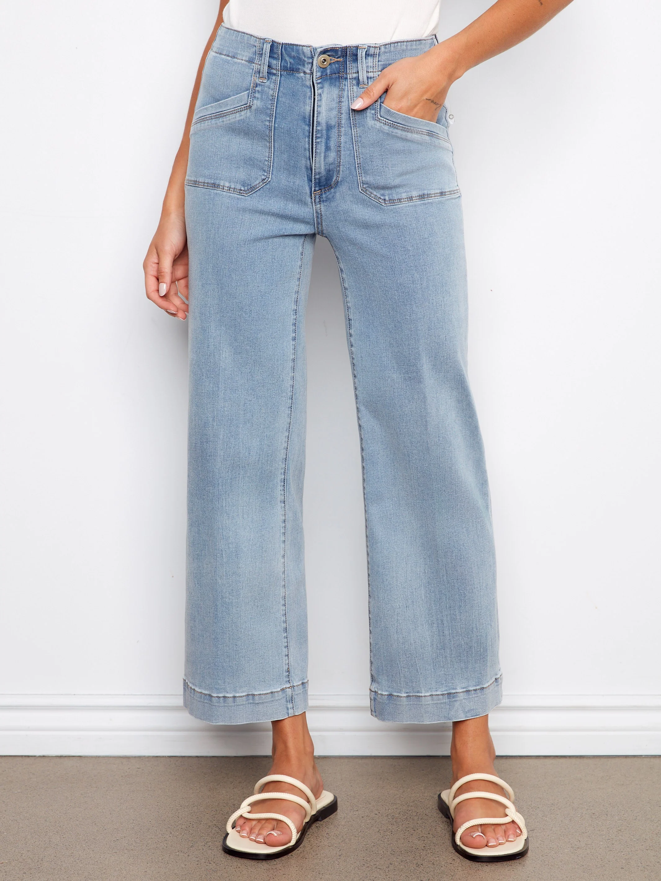 Cropped Wide Leg Stretch Jeans - Light Blue - Image 7