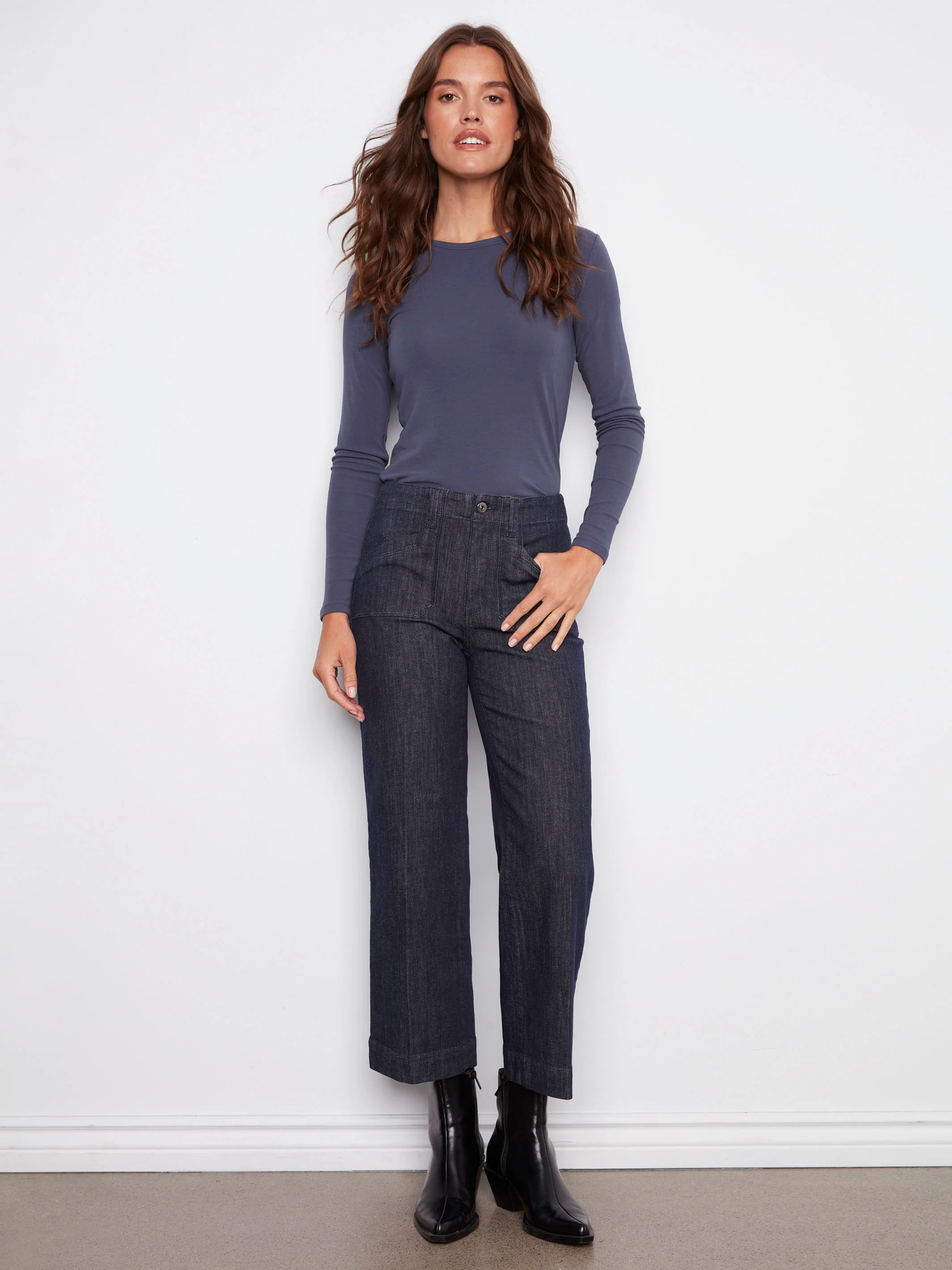 Cropped Wide Leg Stretch Jeans - Deep Blue