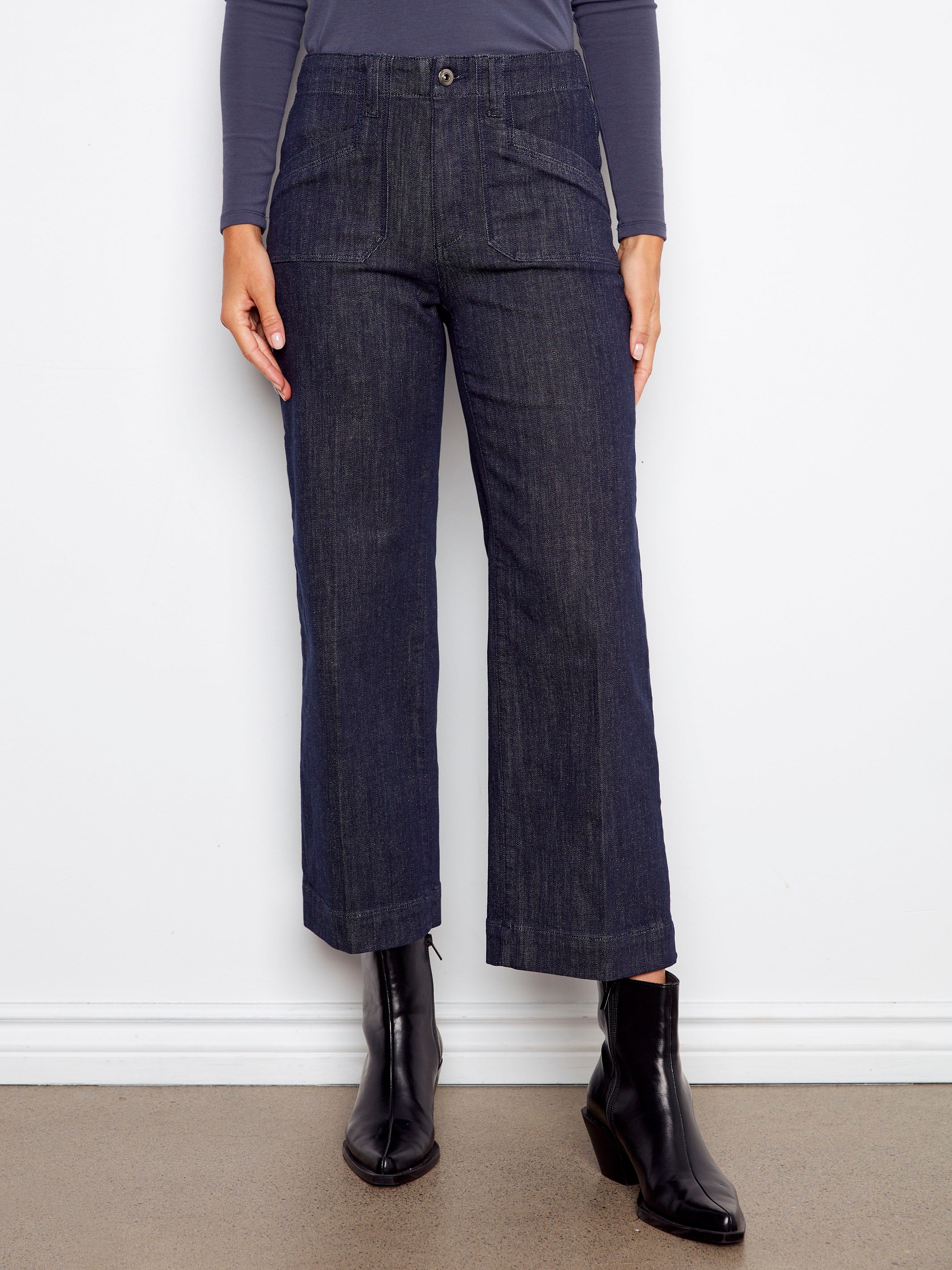 Cropped Wide Leg Stretch Jeans - Deep Blue - Image 2