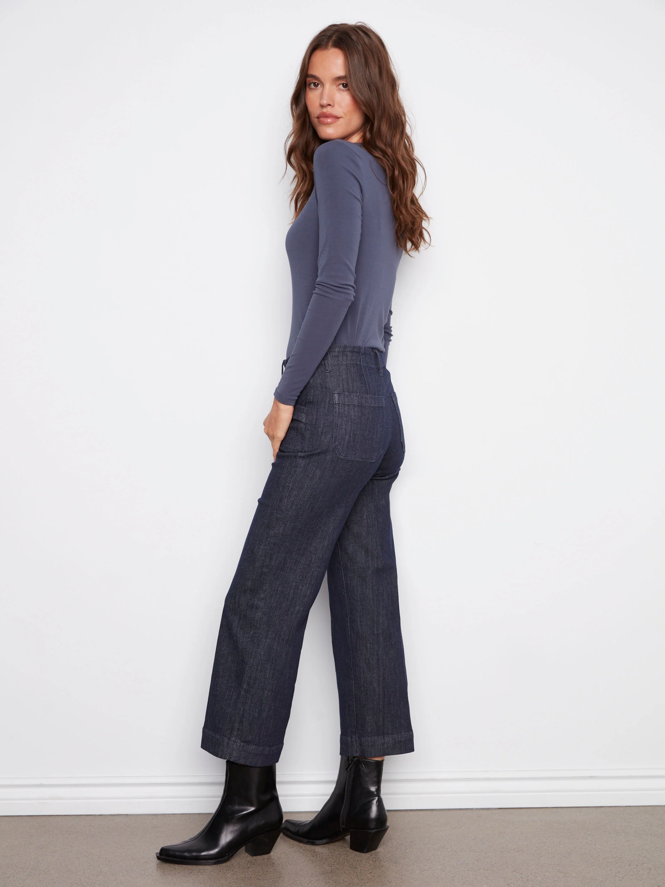 Cropped Wide Leg Stretch Jeans - Deep Blue - Image 4