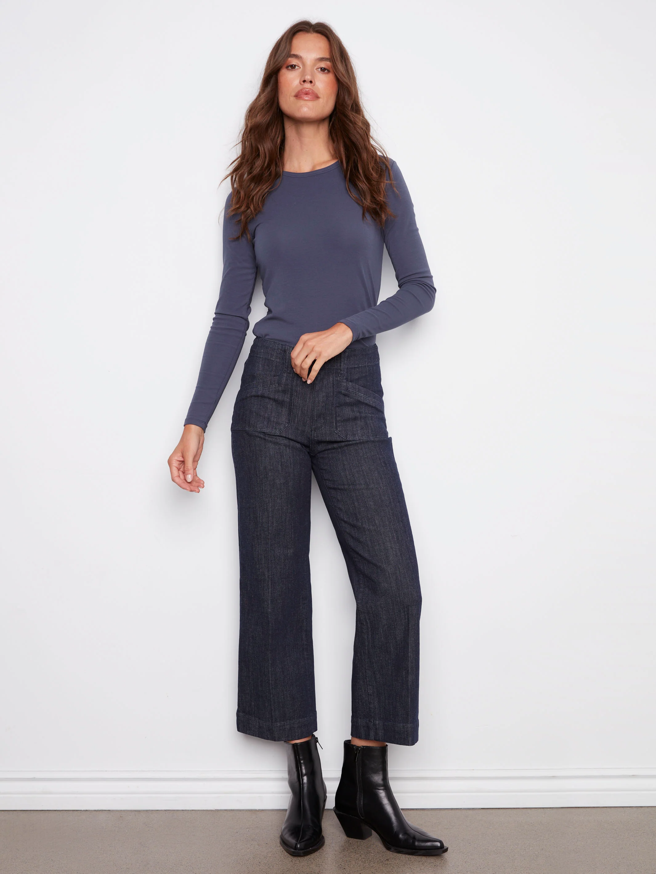 Cropped Wide Leg Stretch Jeans - Deep Blue - Image 6