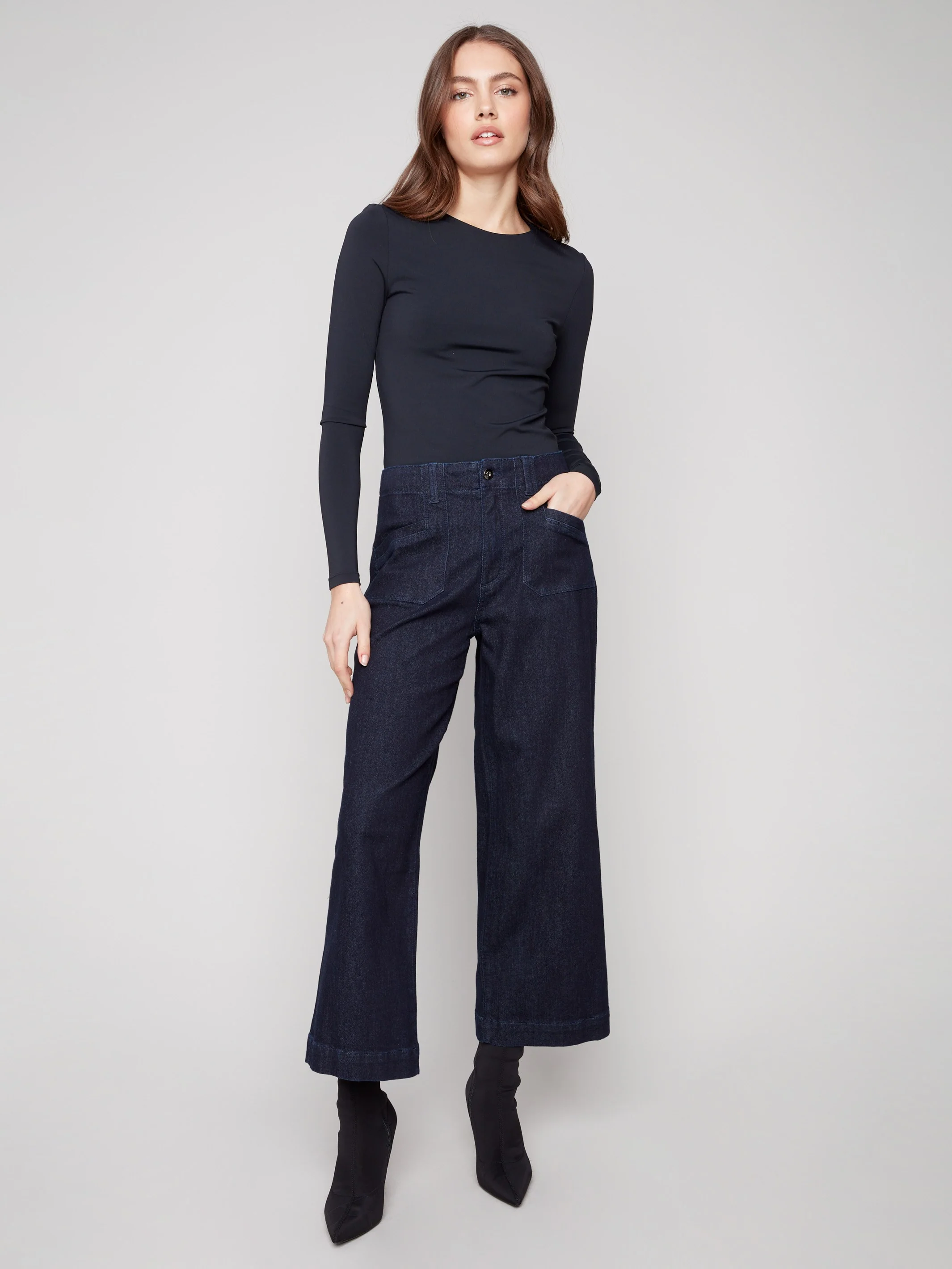 Cropped Wide Leg Stretch Jeans - Deep Blue - Image 8