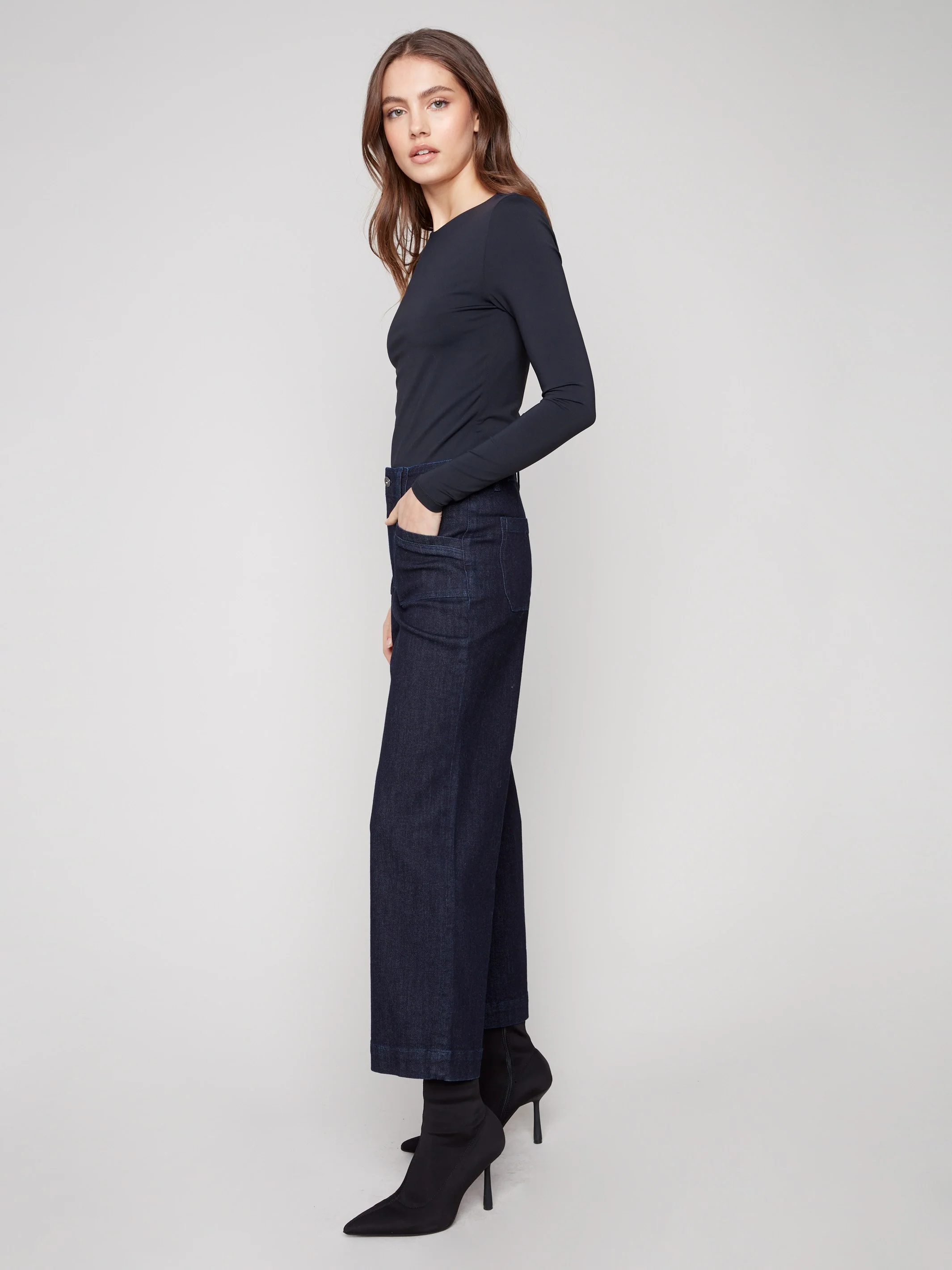 Cropped Wide Leg Stretch Jeans - Deep Blue - Image 9