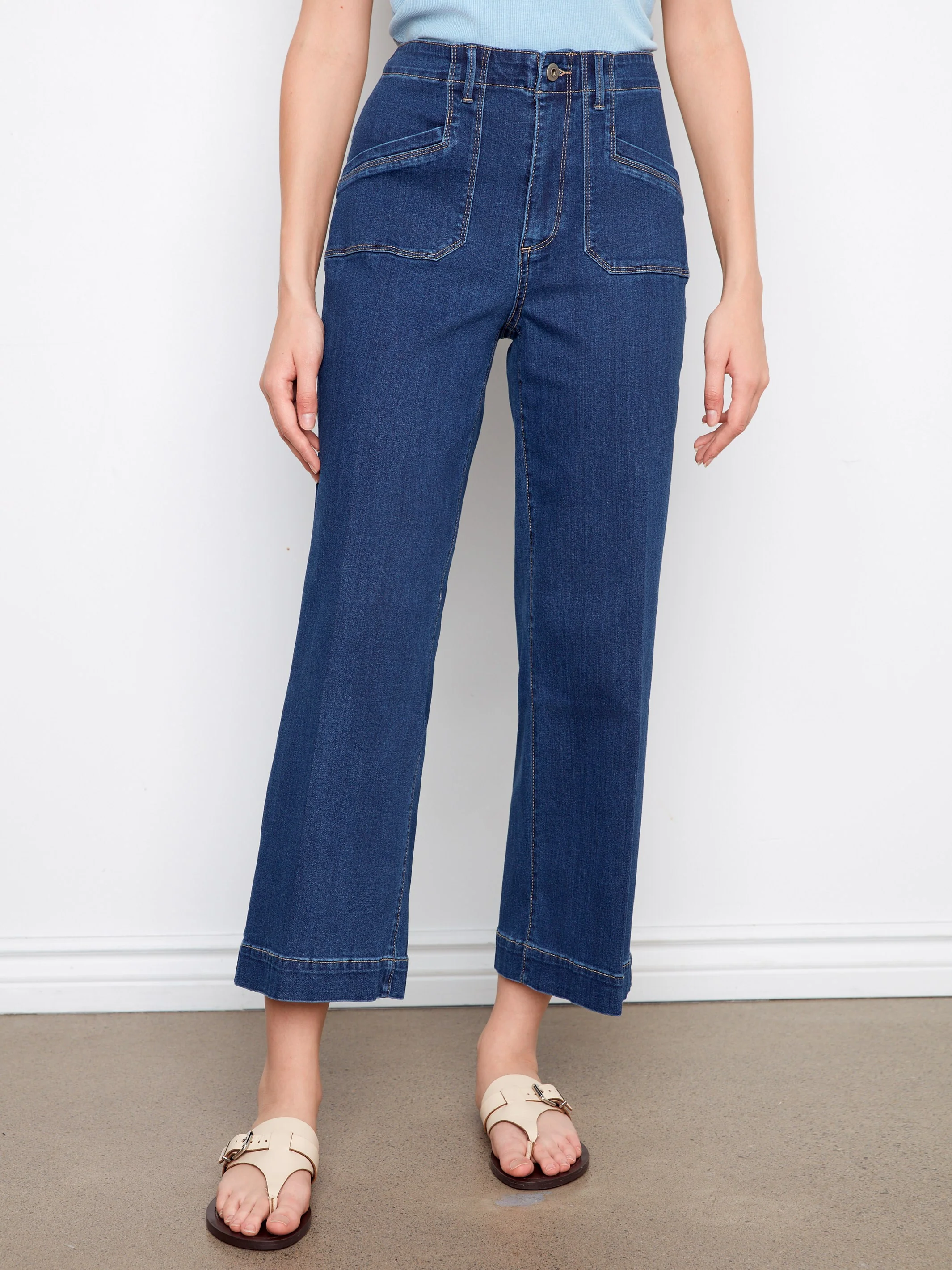 Cropped Wide Leg Stretch Jeans - Indigo - Image 2