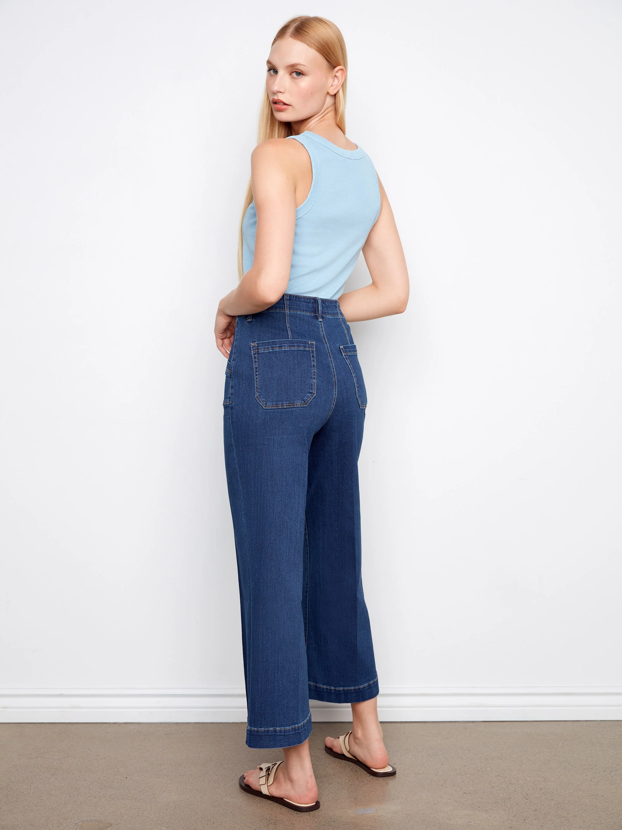 Cropped Wide Leg Stretch Jeans - Indigo - Image 3