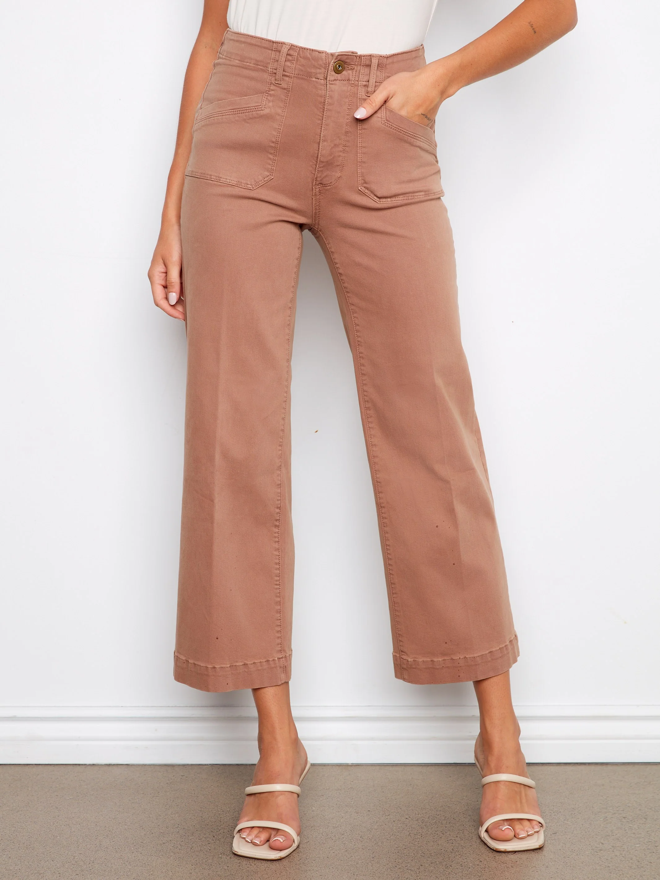 Cropped Wide Leg Stretch Twill Jeans - Desert - Image 2