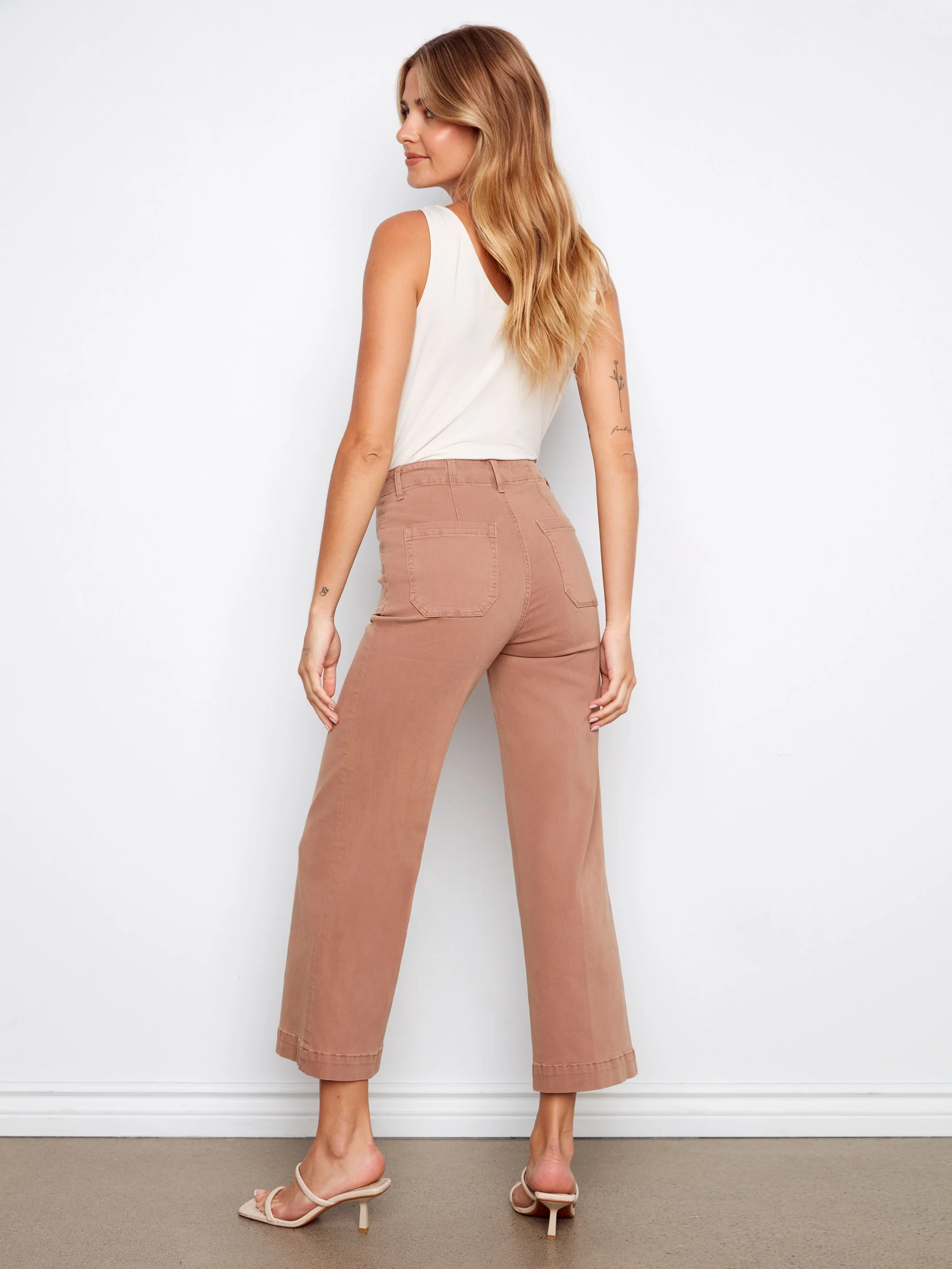 Cropped Wide Leg Stretch Twill Jeans - Desert - Image 5