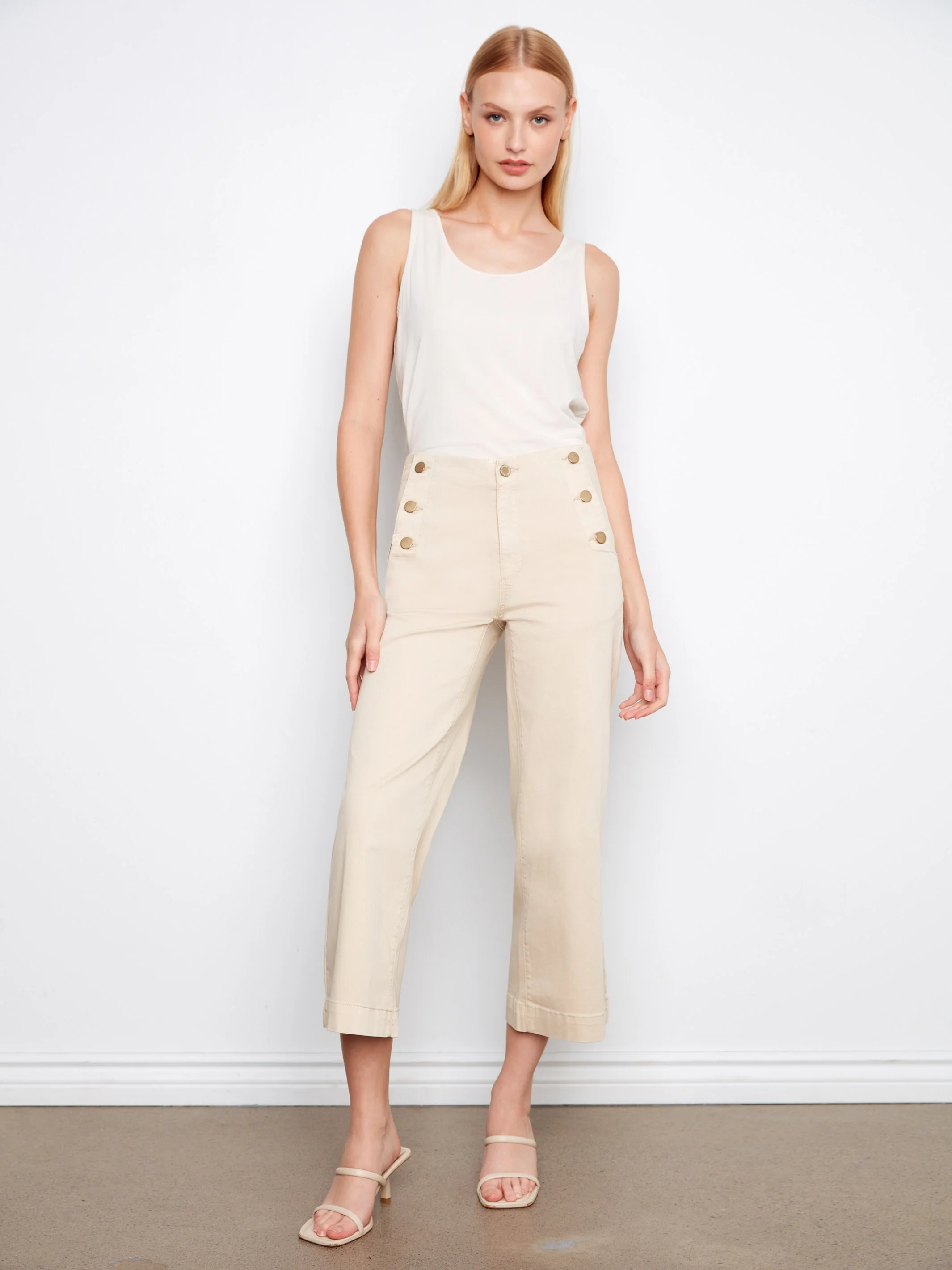 Cropped Wide Leg Twill Pants With Side Buttons - Beige