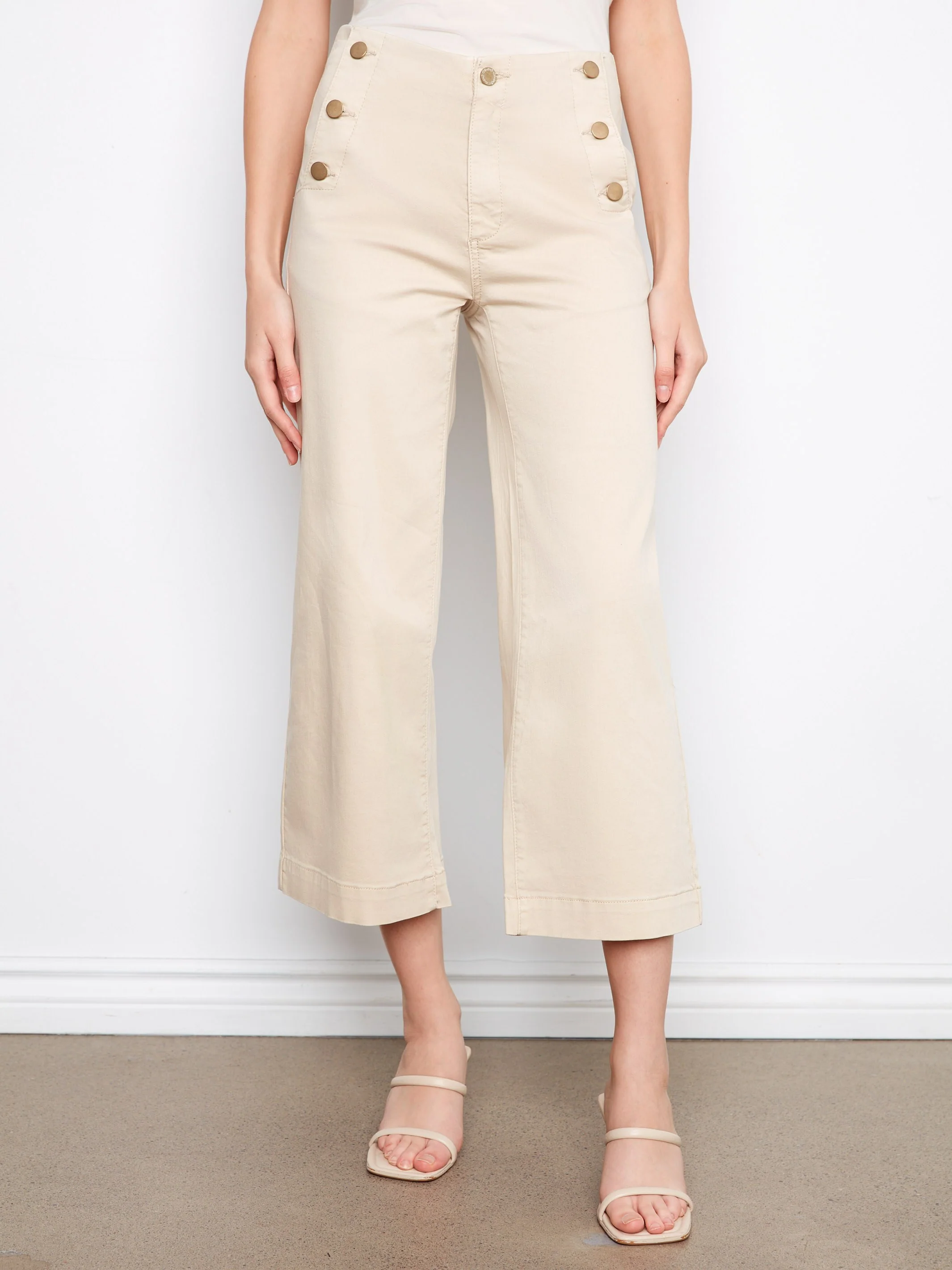 Cropped Wide Leg Twill Pants With Side Buttons - Beige - Image 2