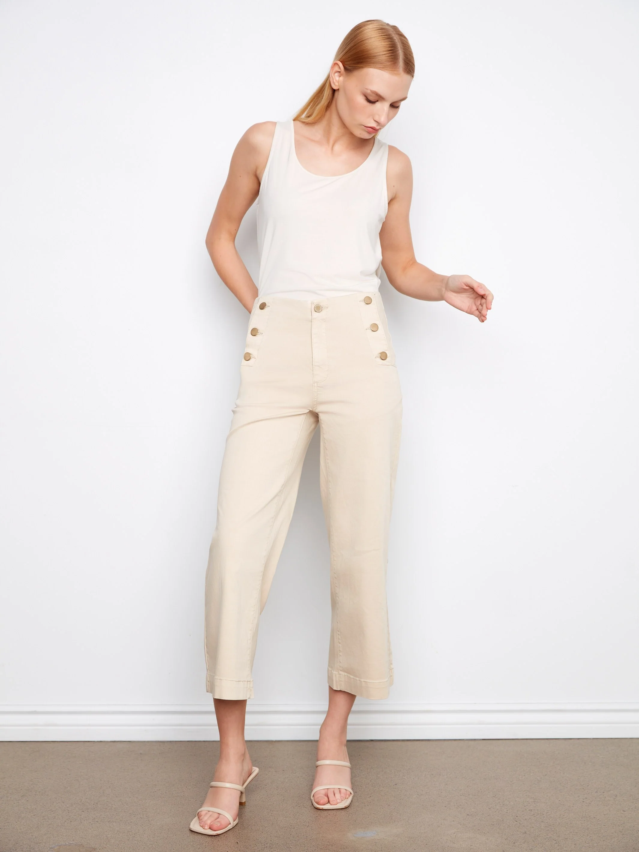 Cropped Wide Leg Twill Pants With Side Buttons - Beige - Image 3