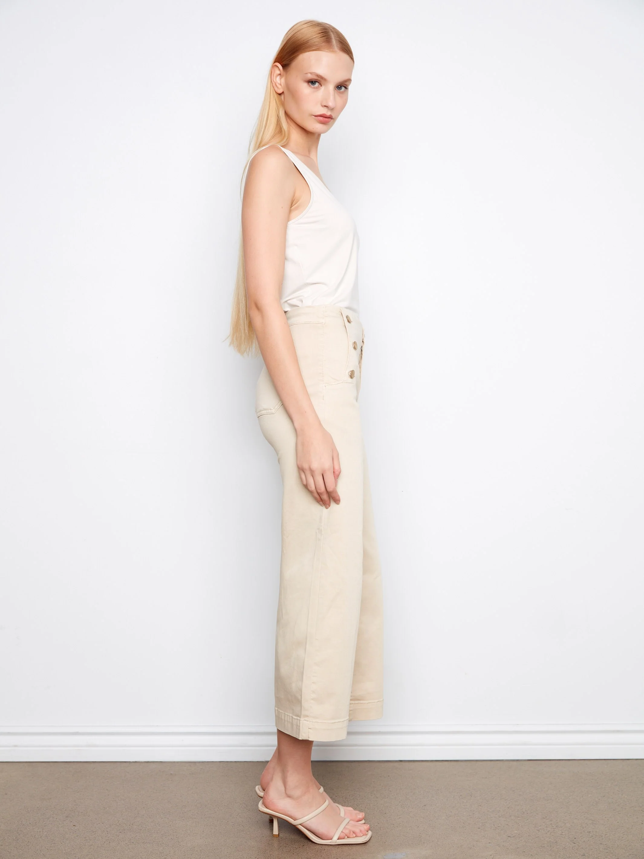 Cropped Wide Leg Twill Pants With Side Buttons - Beige - Image 4