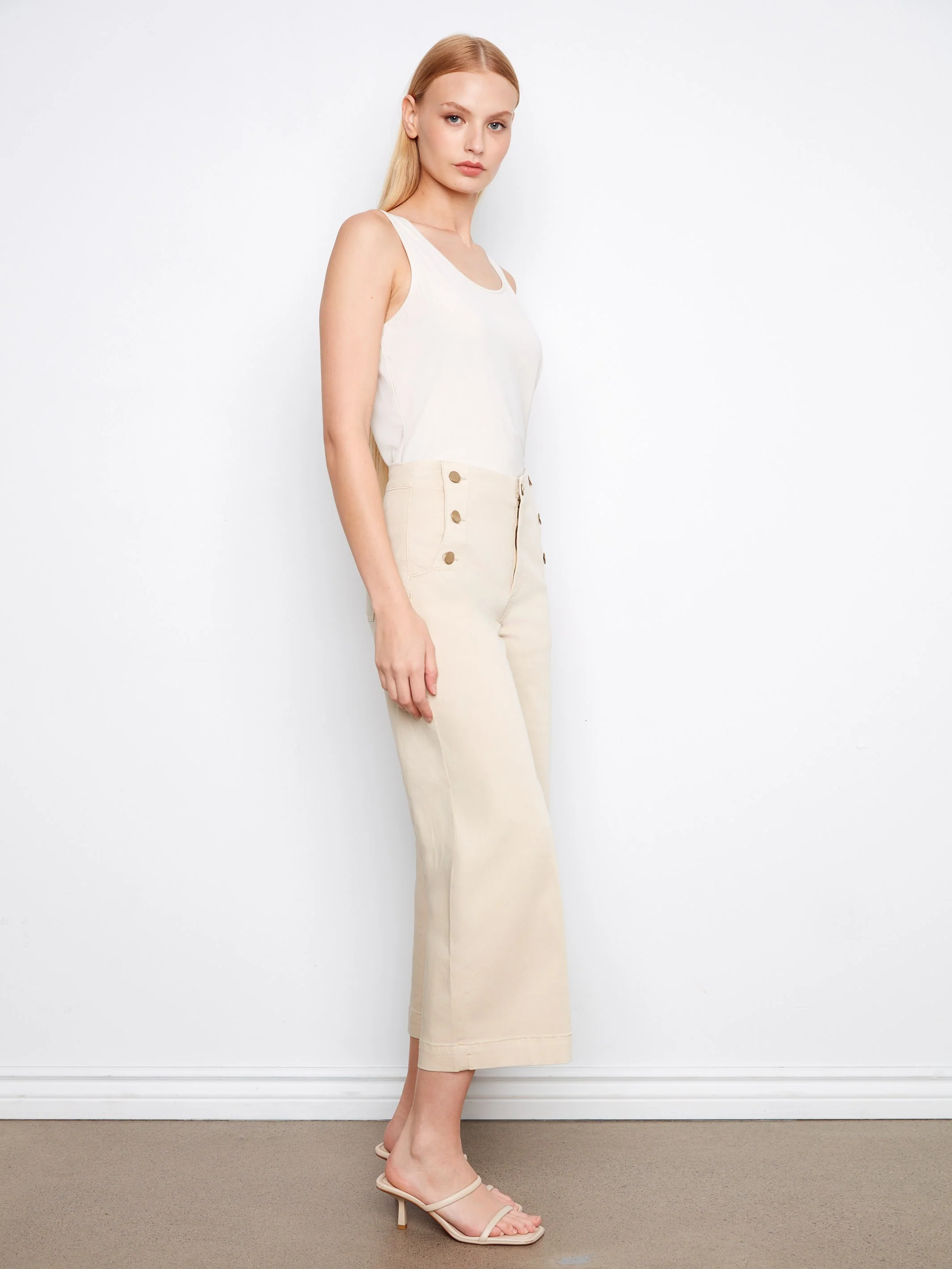 Cropped Wide Leg Twill Pants With Side Buttons - Beige - Image 5
