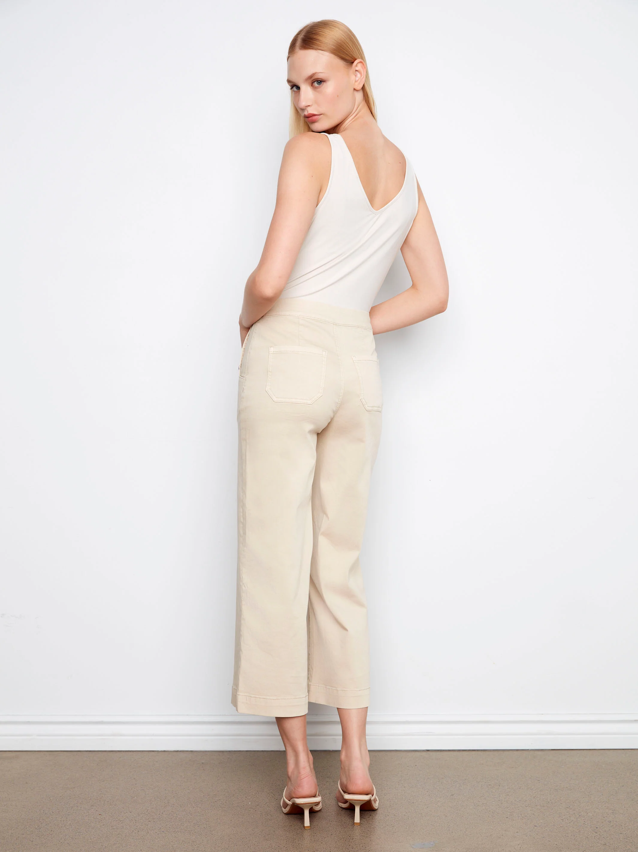 Cropped Wide Leg Twill Pants With Side Buttons - Beige - Image 6