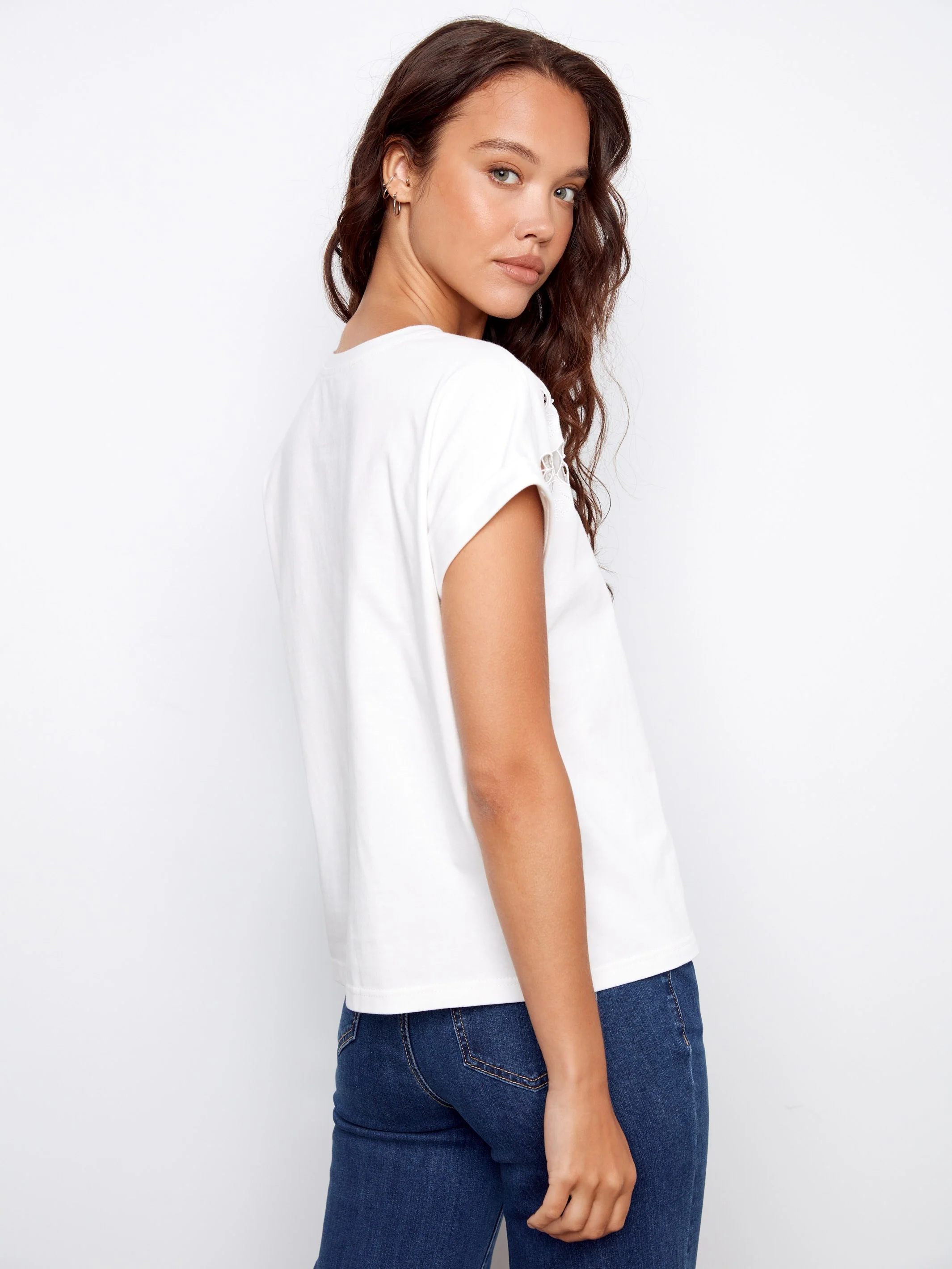 Cuffed Cotton T-Shirt With Embroidered Shoulders - White - Image 4
