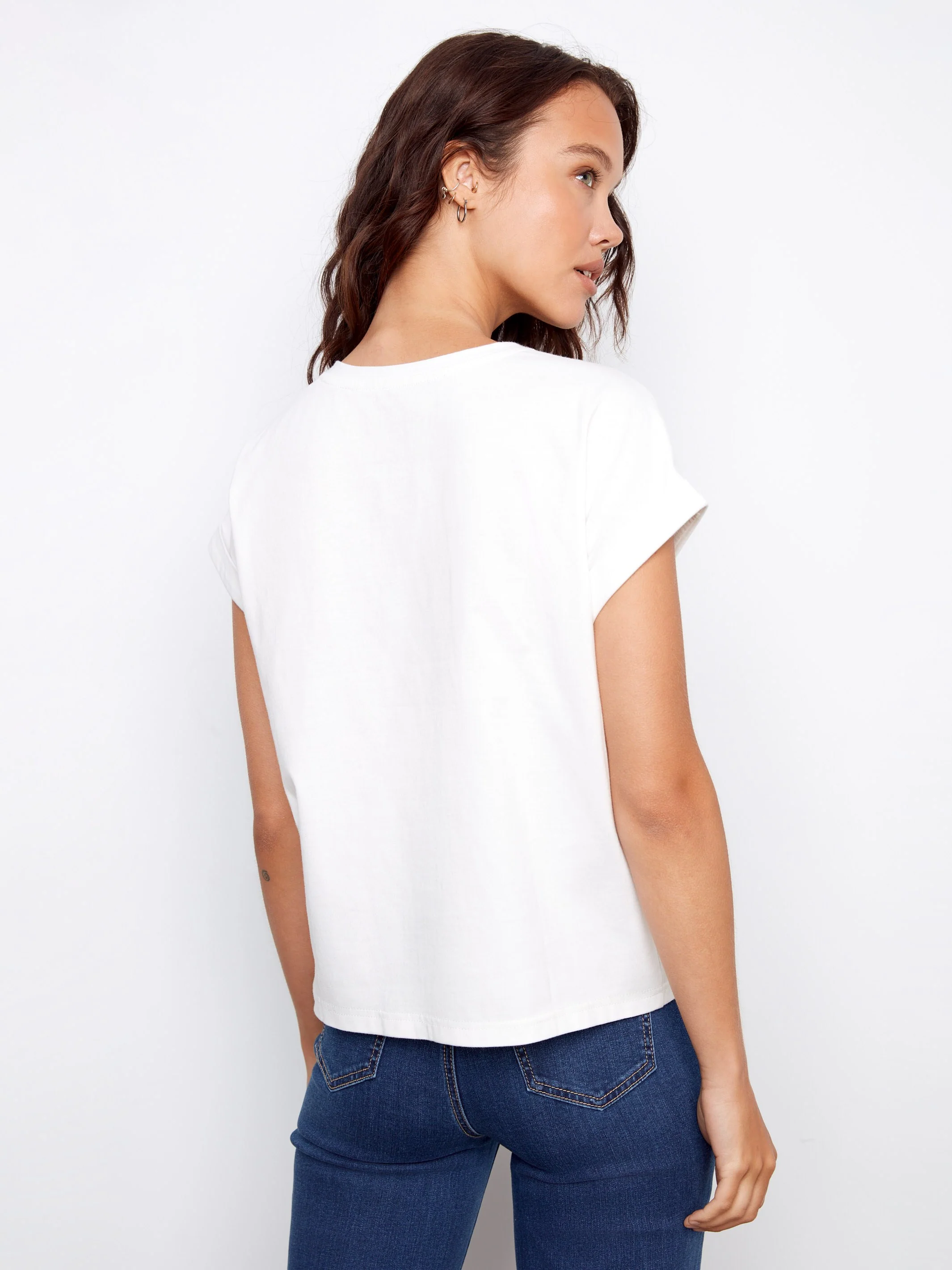 Cuffed Cotton T-Shirt With Embroidered Shoulders - White - Image 7