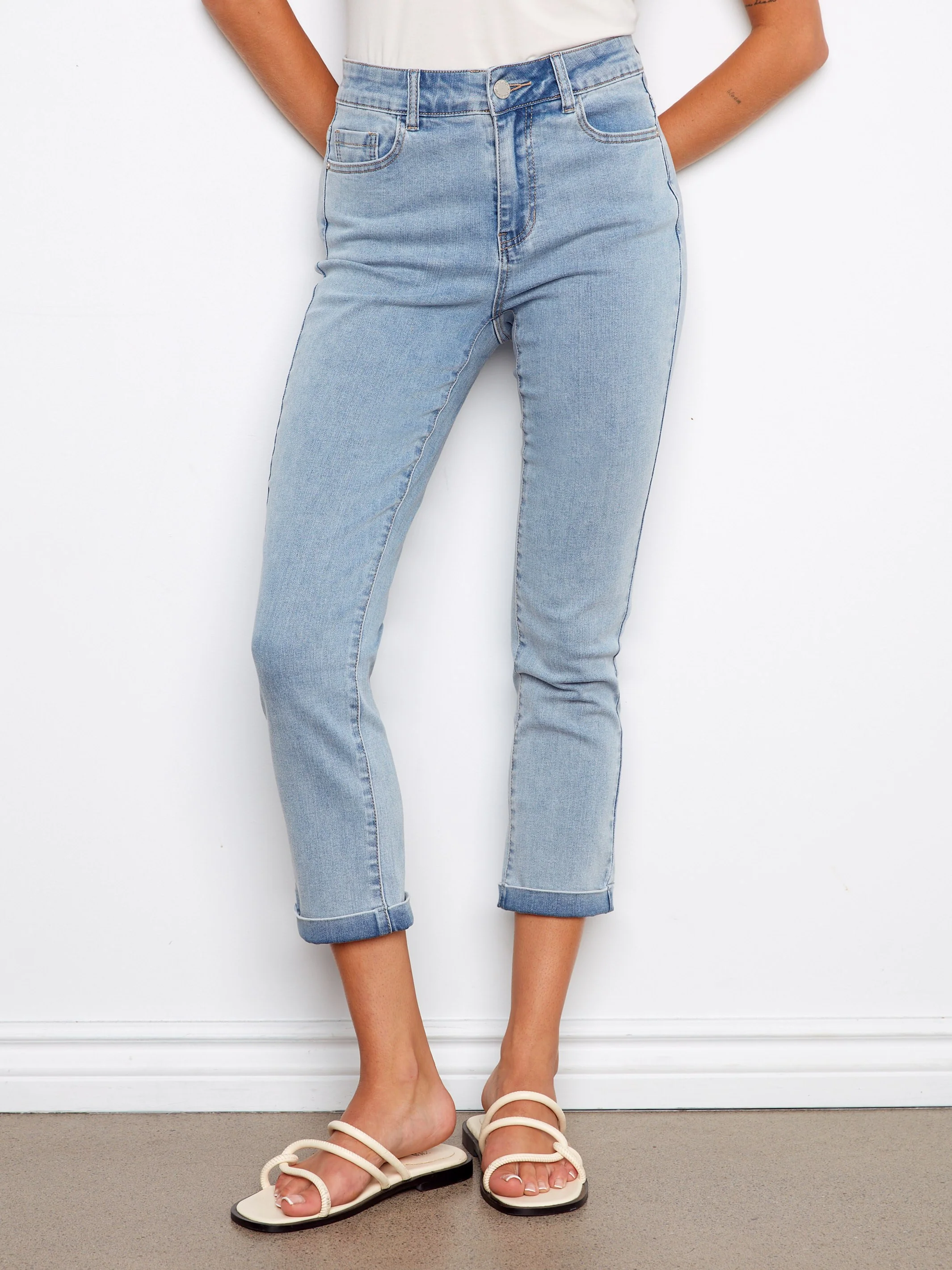 Cuffed Cropped Slim Leg Jeans - Light Blue - Image 2