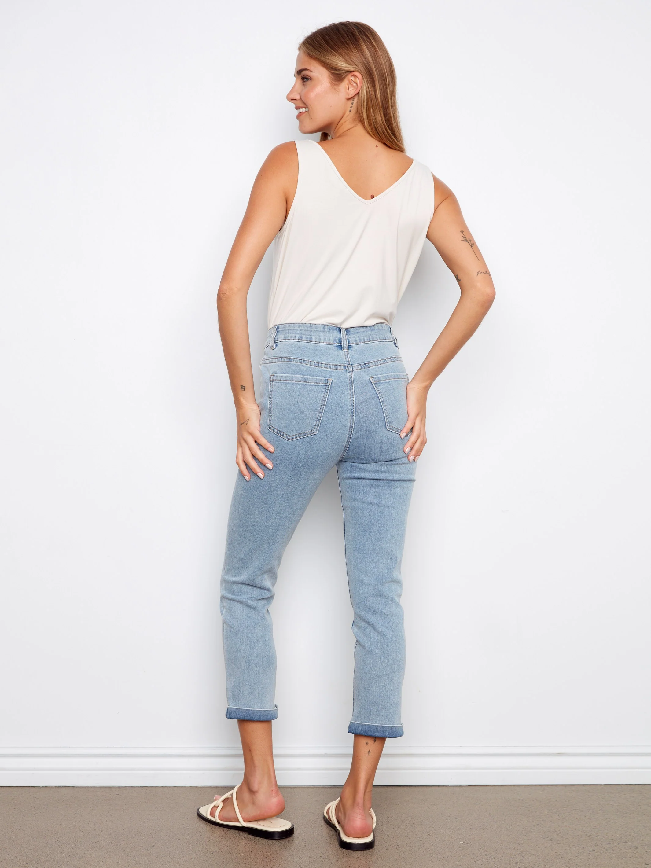 Cuffed Cropped Slim Leg Jeans - Light Blue - Image 5