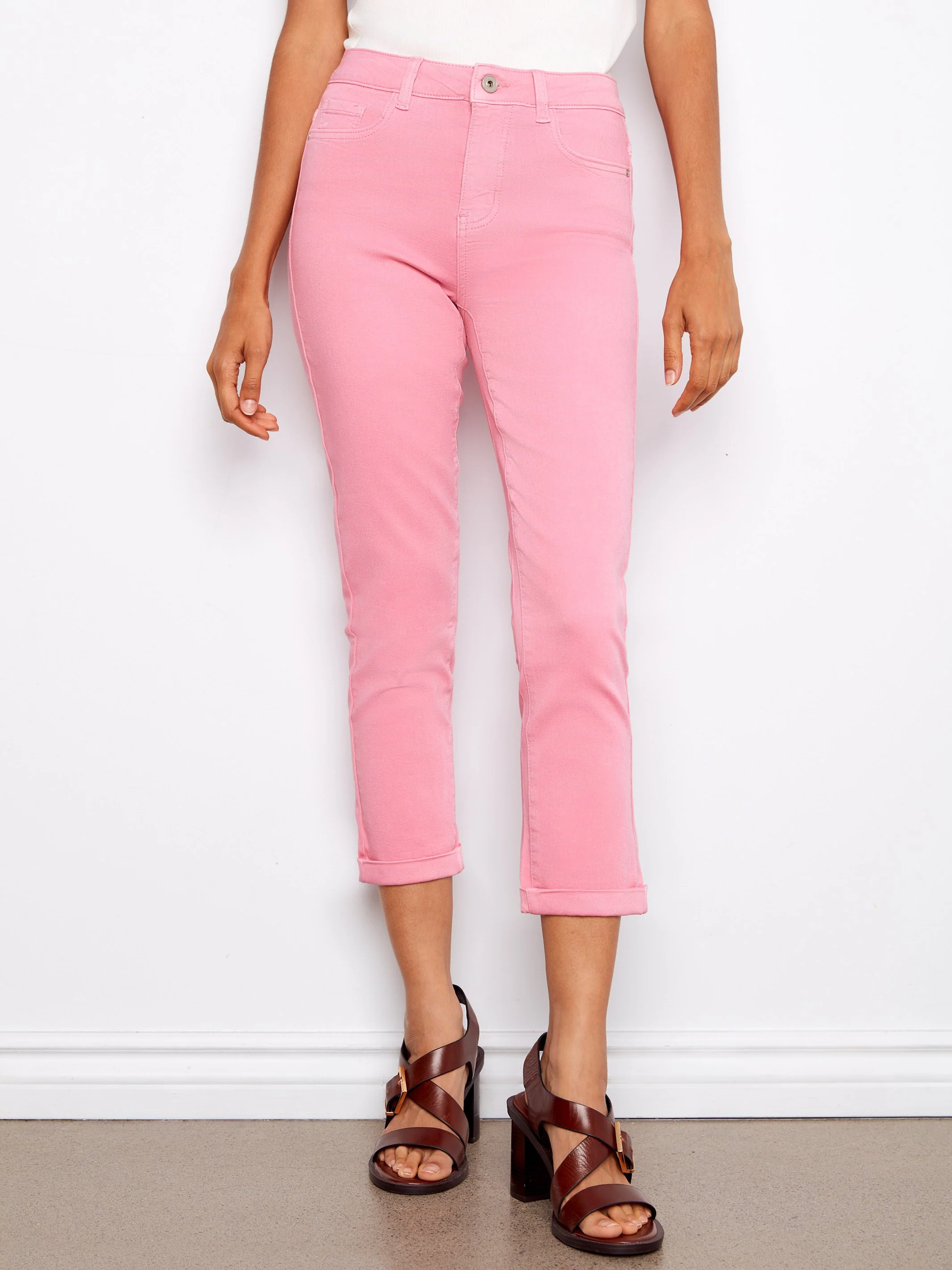 Cuffed Cropped Slim Leg Twill Pants - Candy - Image 2