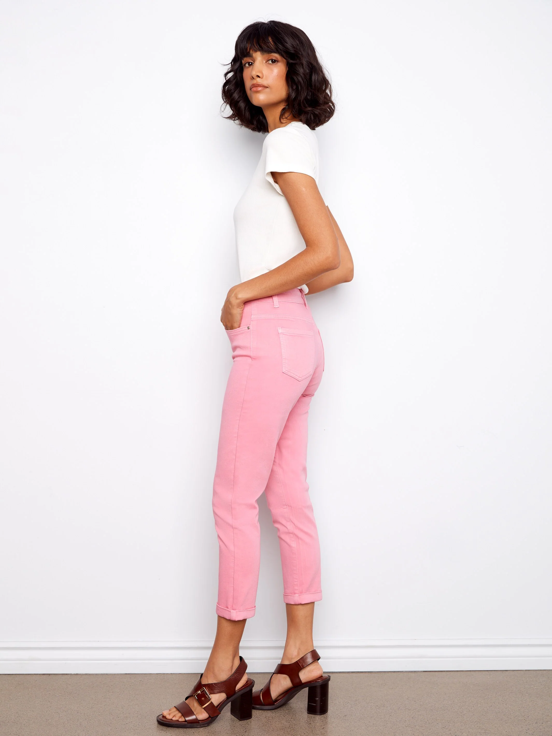 Cuffed Cropped Slim Leg Twill Pants - Candy - Image 3