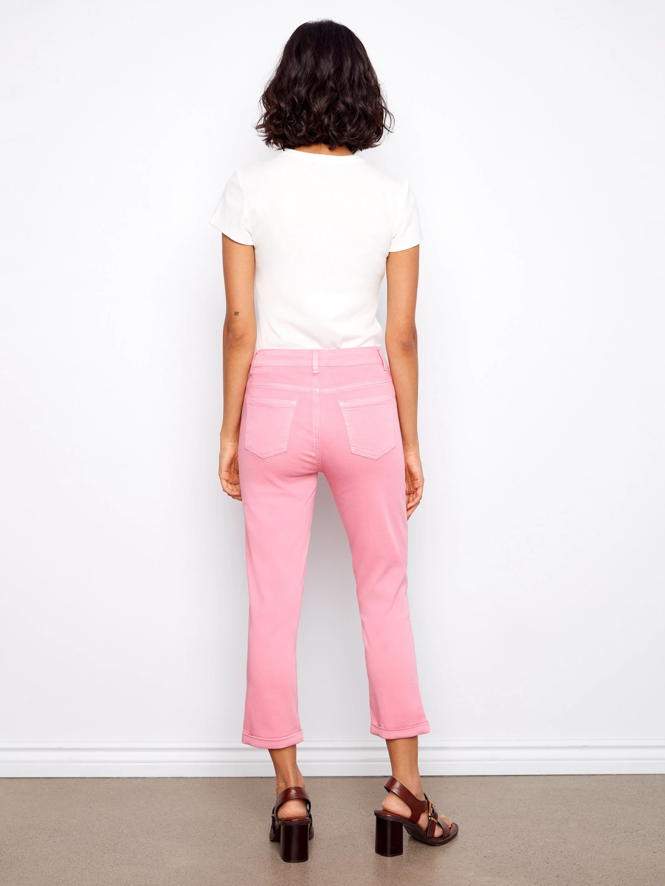 Cuffed Cropped Slim Leg Twill Pants - Candy - Image 4