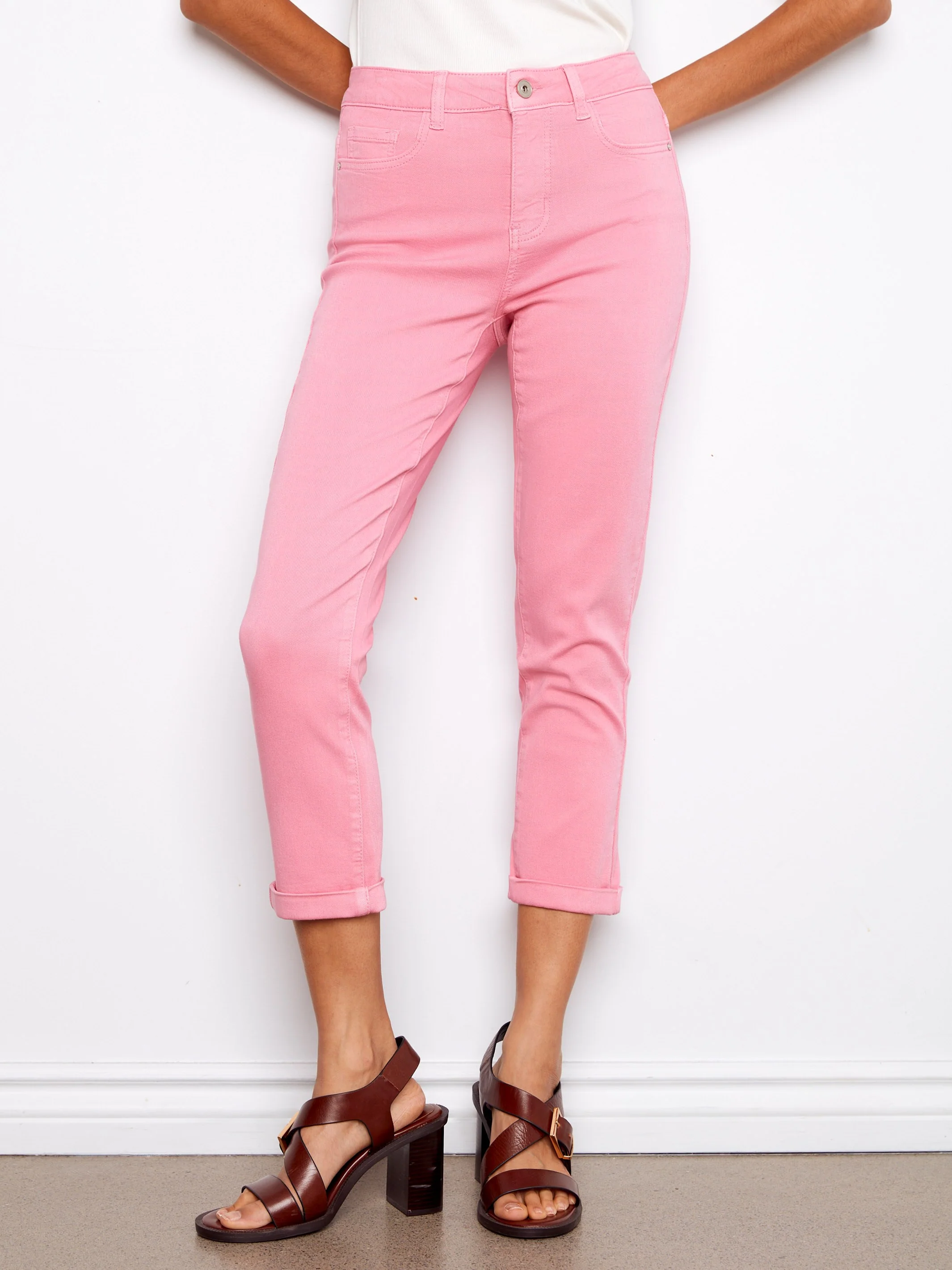 Cuffed Cropped Slim Leg Twill Pants - Candy - Image 5