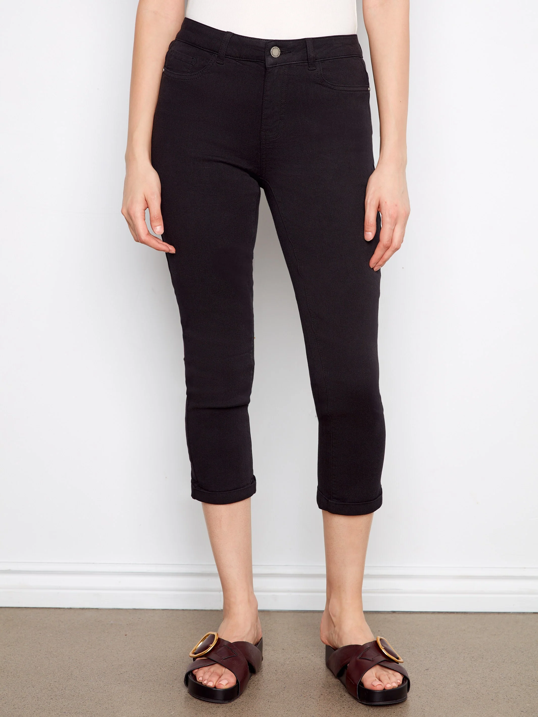 Cuffed Cropped Slim Leg Twill Pants - Black - Image 2