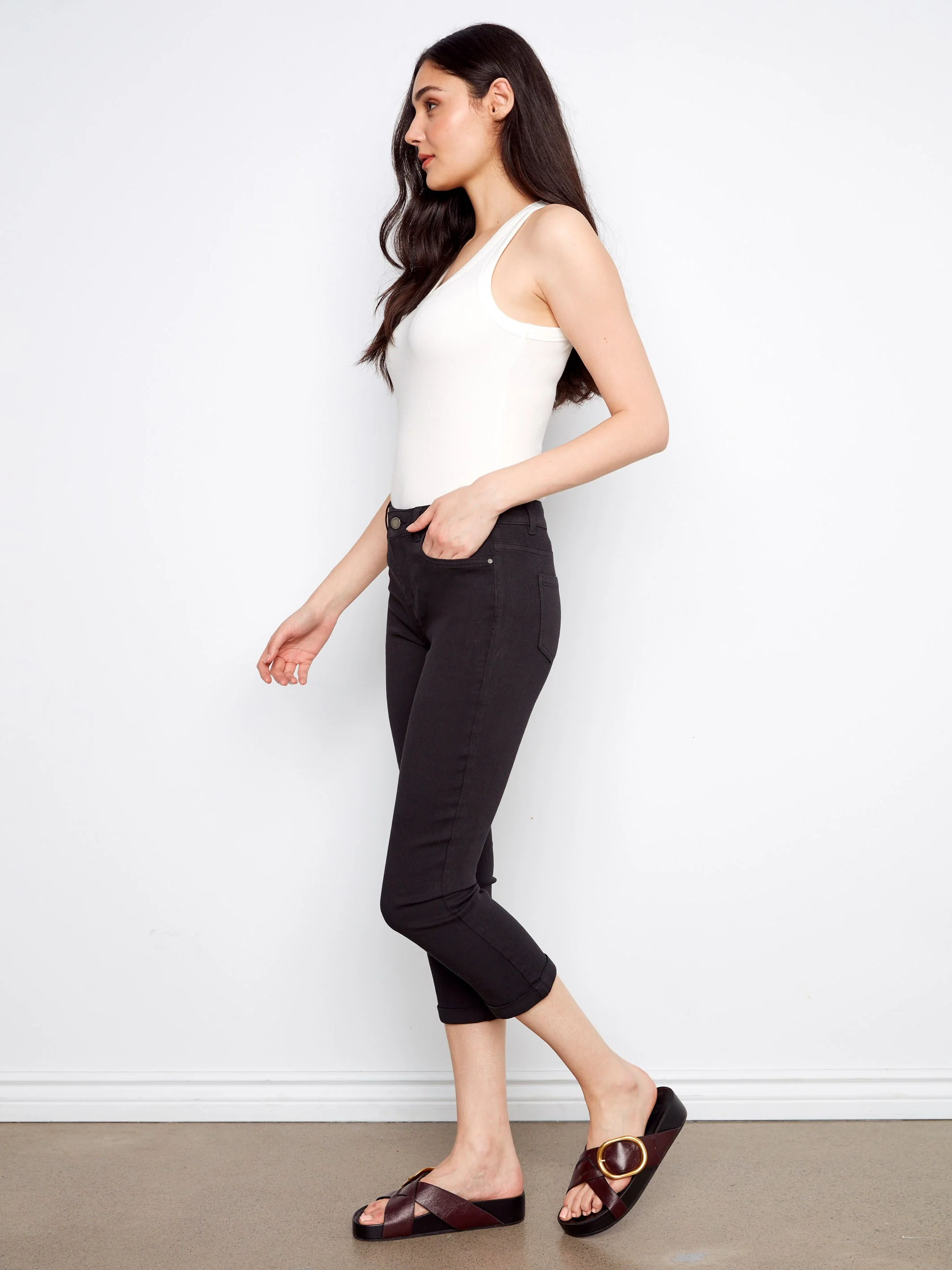 Cuffed Cropped Slim Leg Twill Pants - Black - Image 3