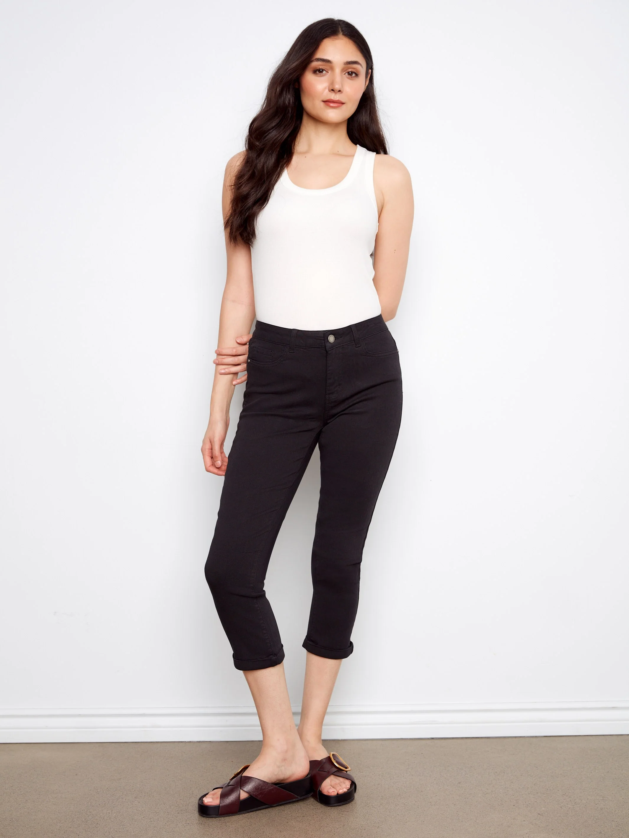Cuffed Cropped Slim Leg Twill Pants - Black - Image 4