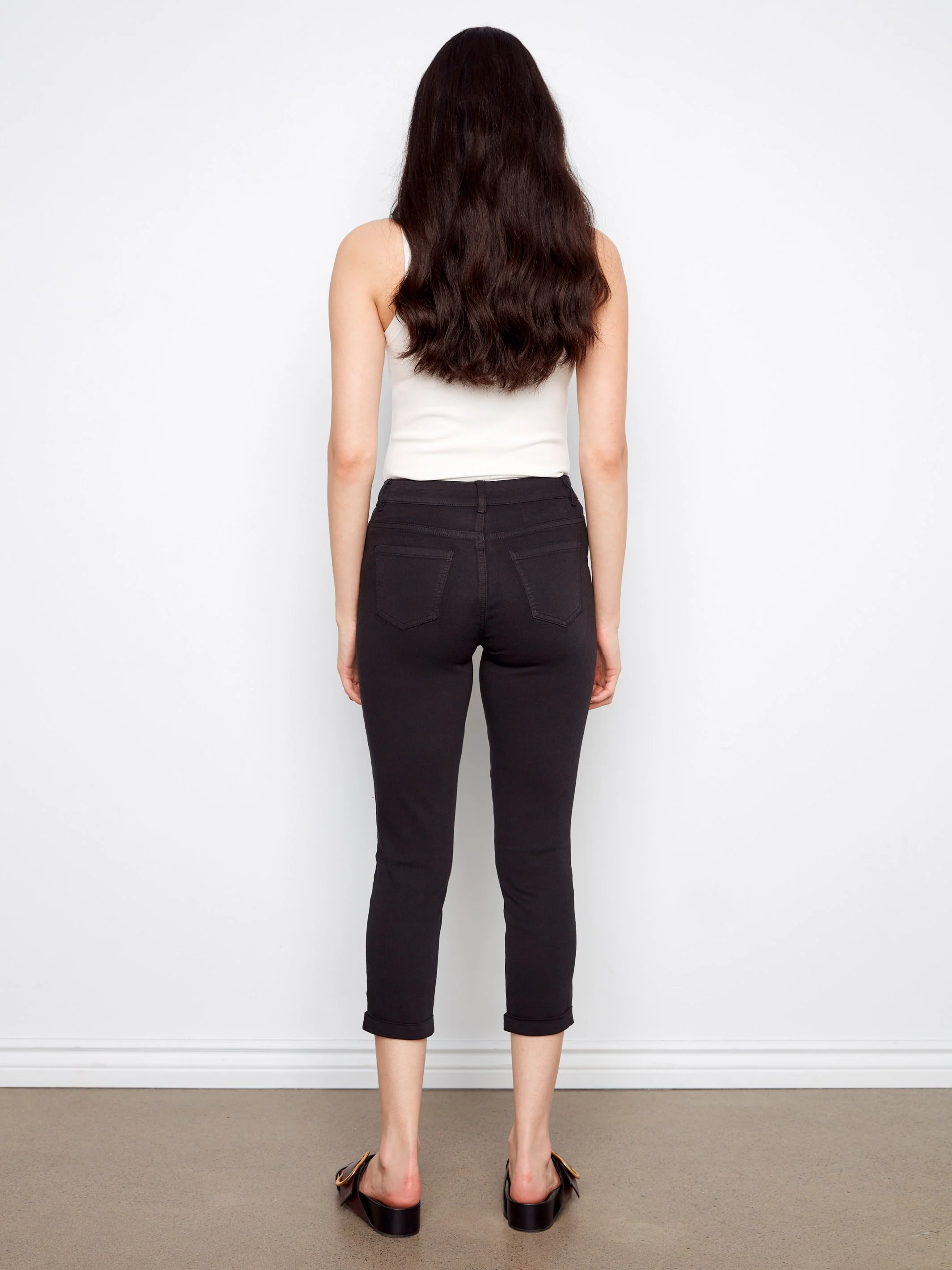 Cuffed Cropped Slim Leg Twill Pants - Black - Image 6