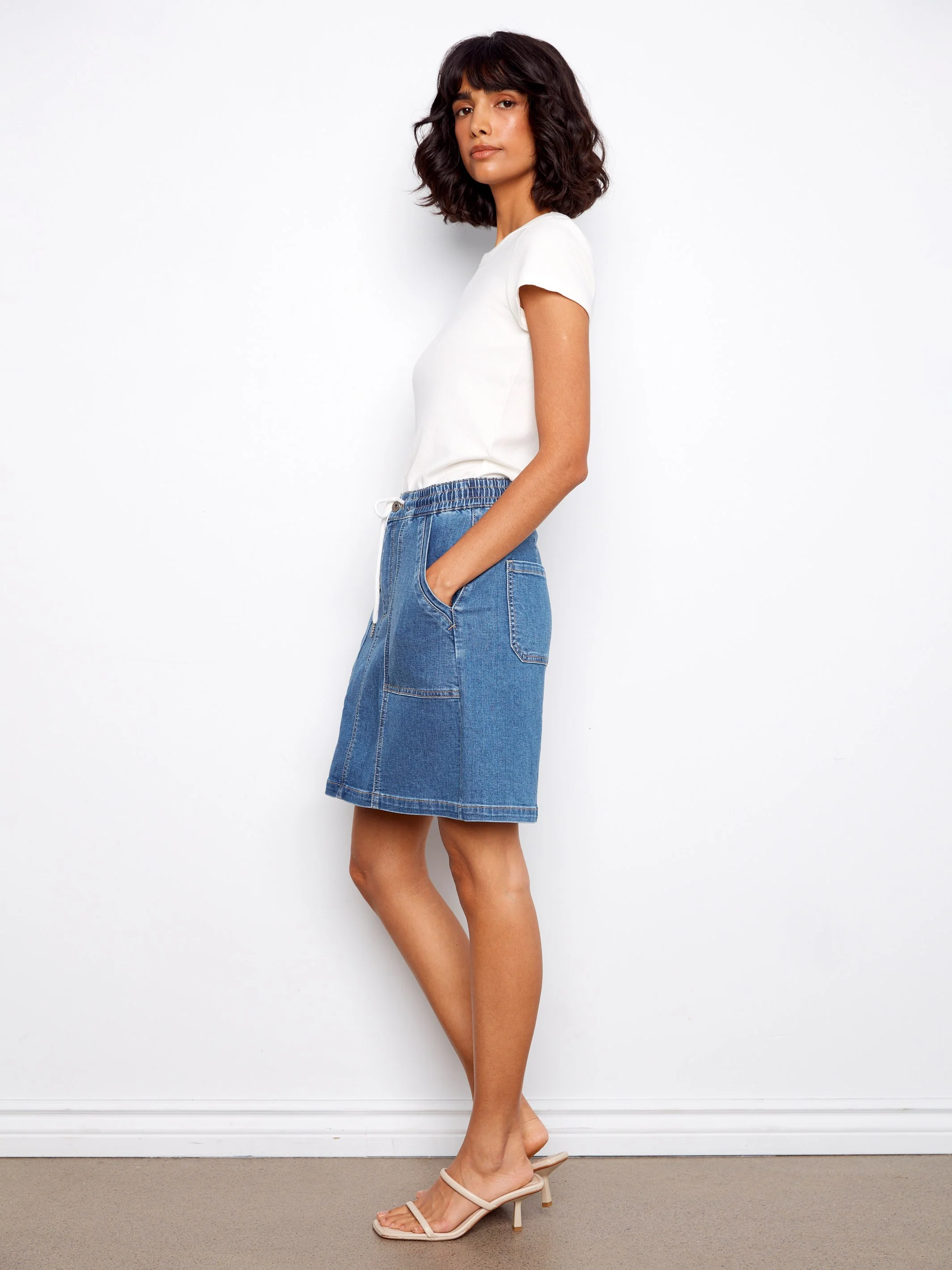 Drawstring Denim Skort With Patch Pockets - Soft Blue - Image 3