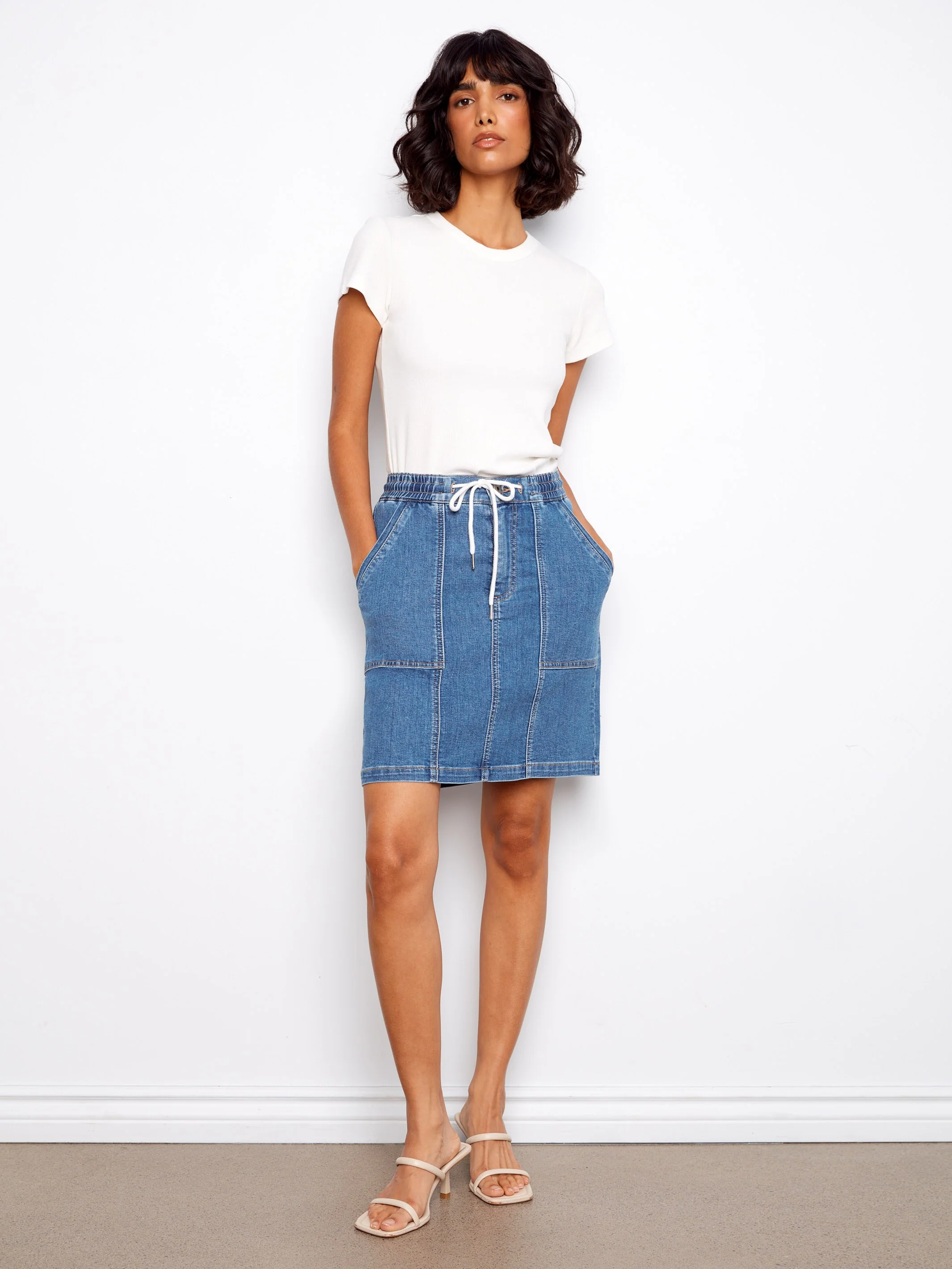 Drawstring Denim Skort With Patch Pockets - Soft Blue - Image 4