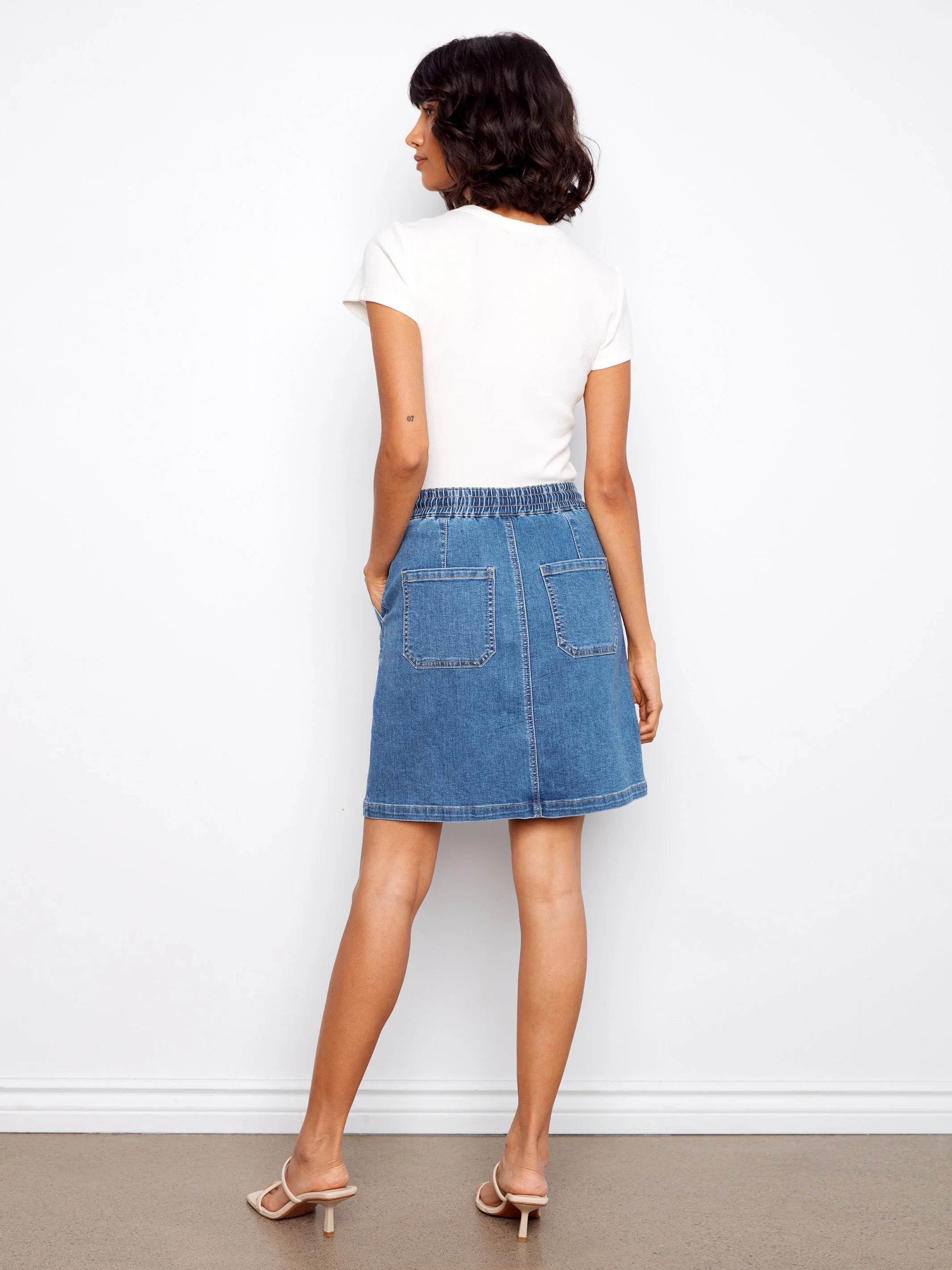 Drawstring Denim Skort With Patch Pockets - Soft Blue - Image 5
