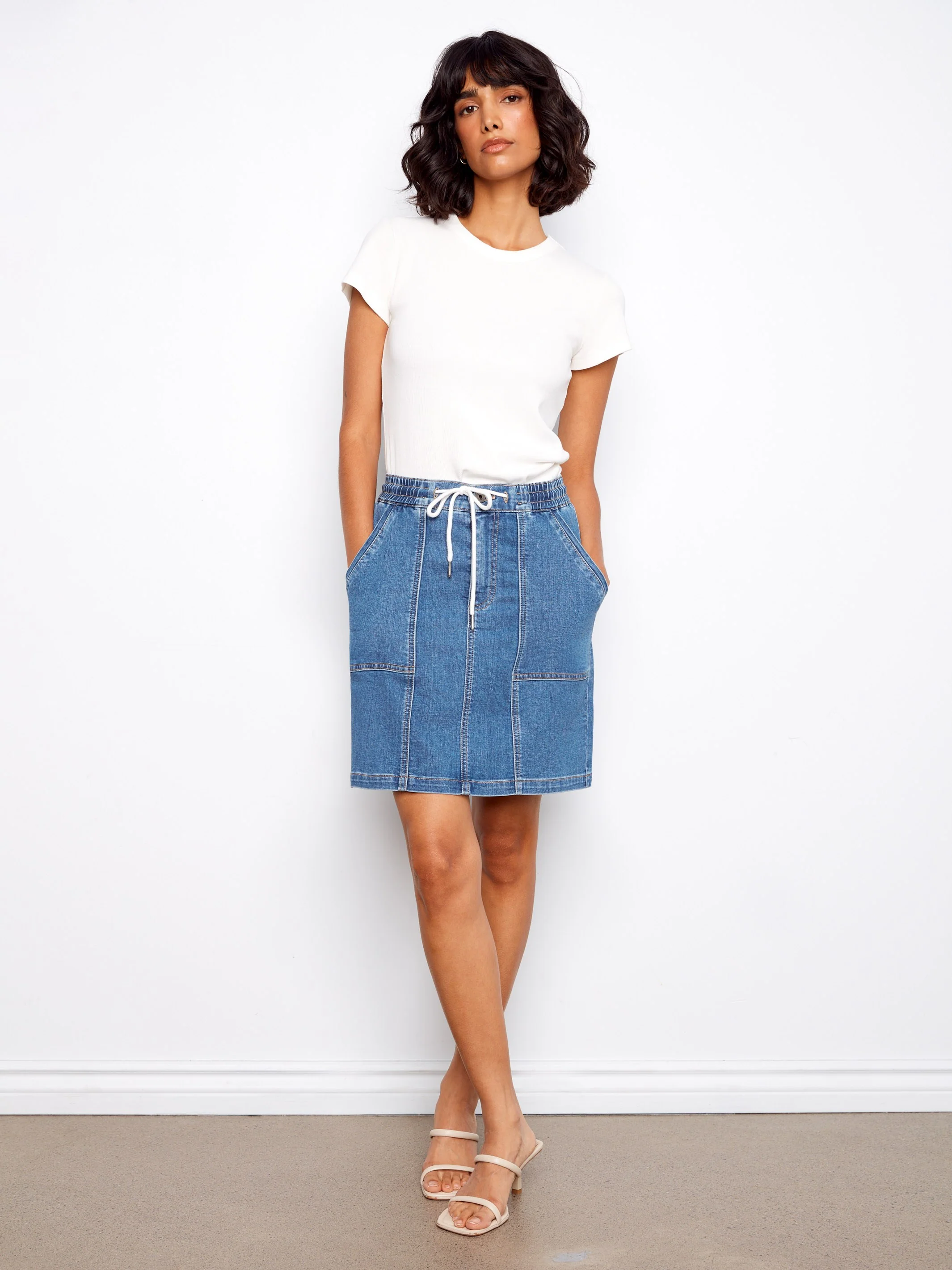 Drawstring Denim Skort With Patch Pockets - Soft Blue - Image 6