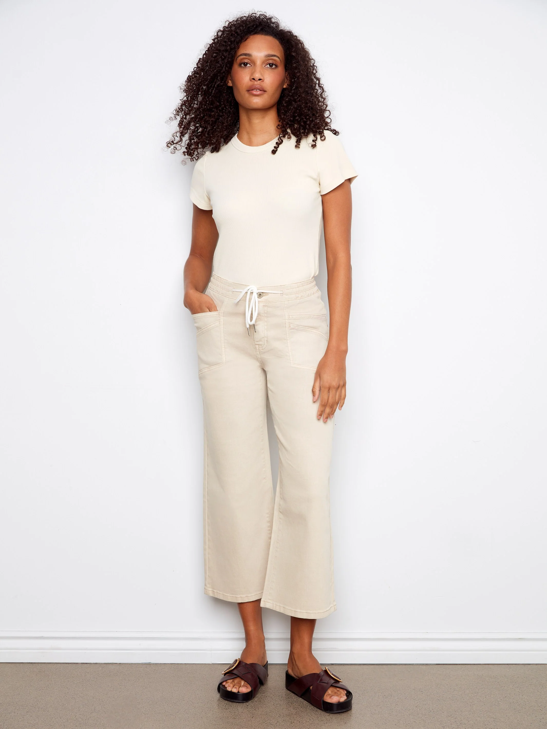 Drawstring Wide Leg Twill Pants - Fog