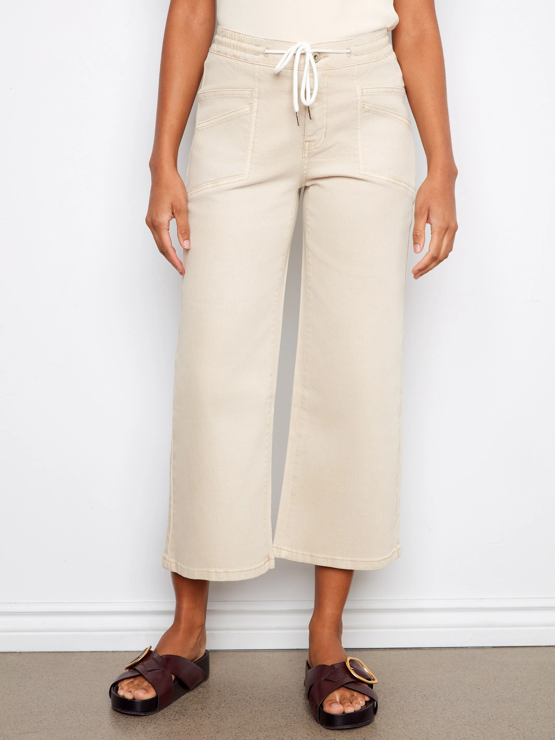 Drawstring Wide Leg Twill Pants - Fog - Image 2