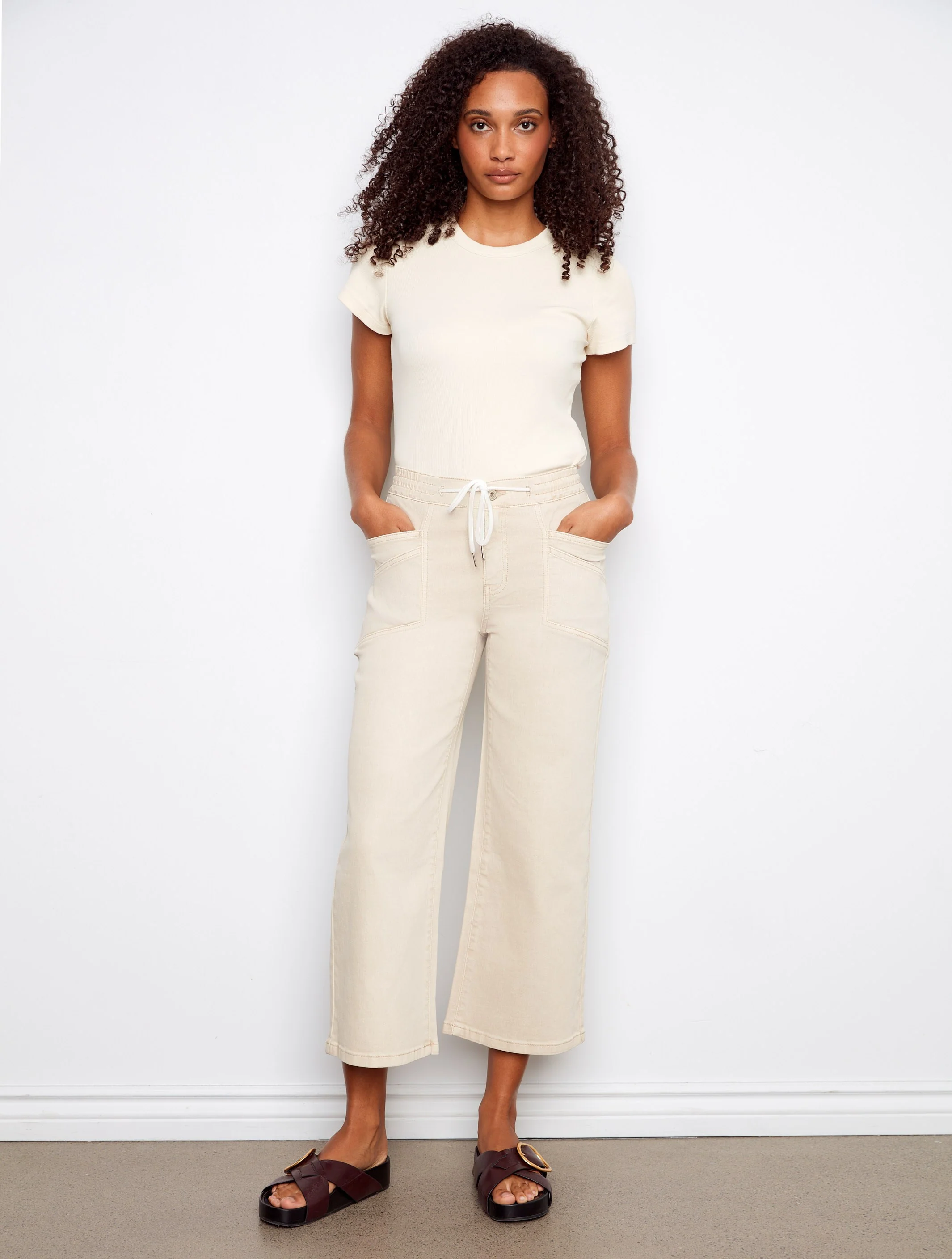 Drawstring Wide Leg Twill Pants - Fog - Image 4