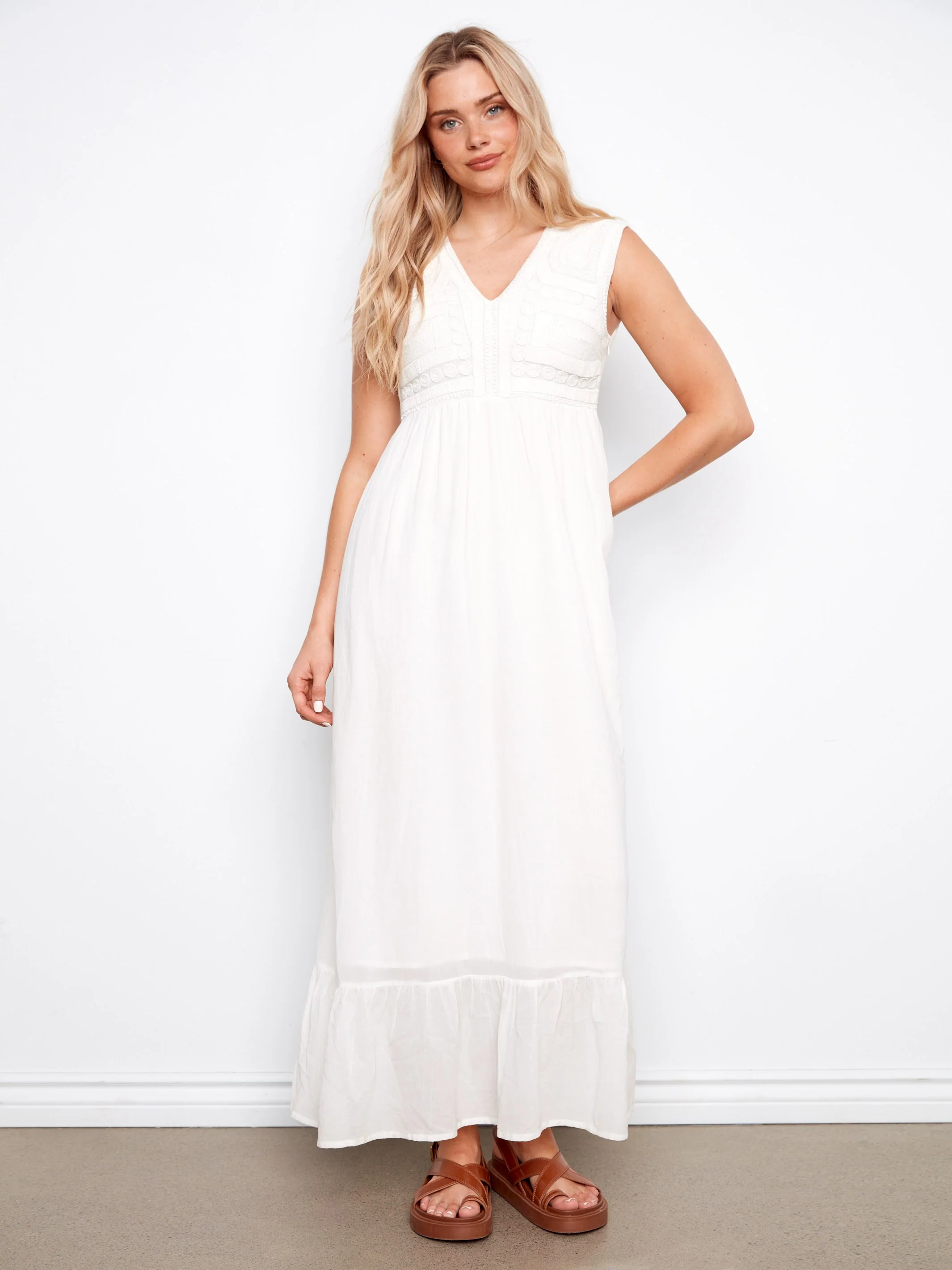 Embroidered Cotton Blend Maxi Dress - Natural - Image 3