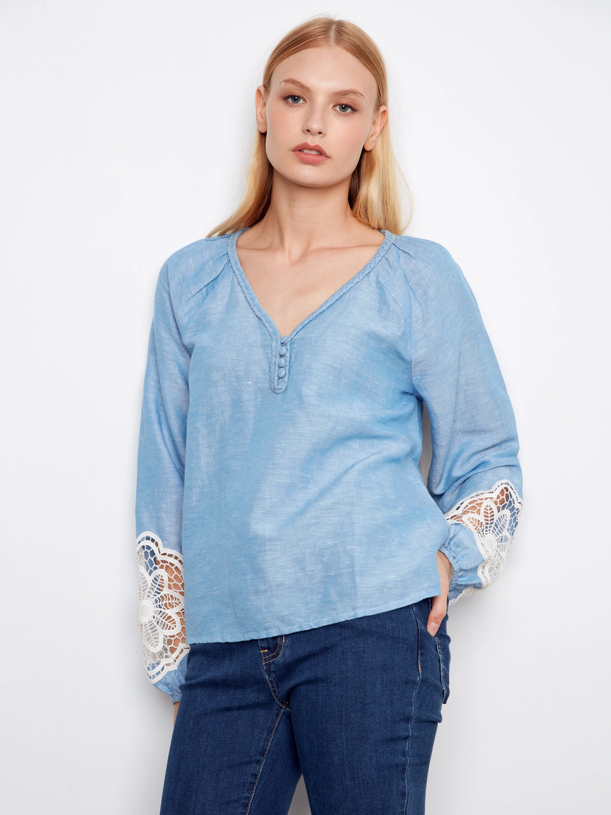 Embroidered Cotton-Linen Blend Blouse - Chambray - Image 3
