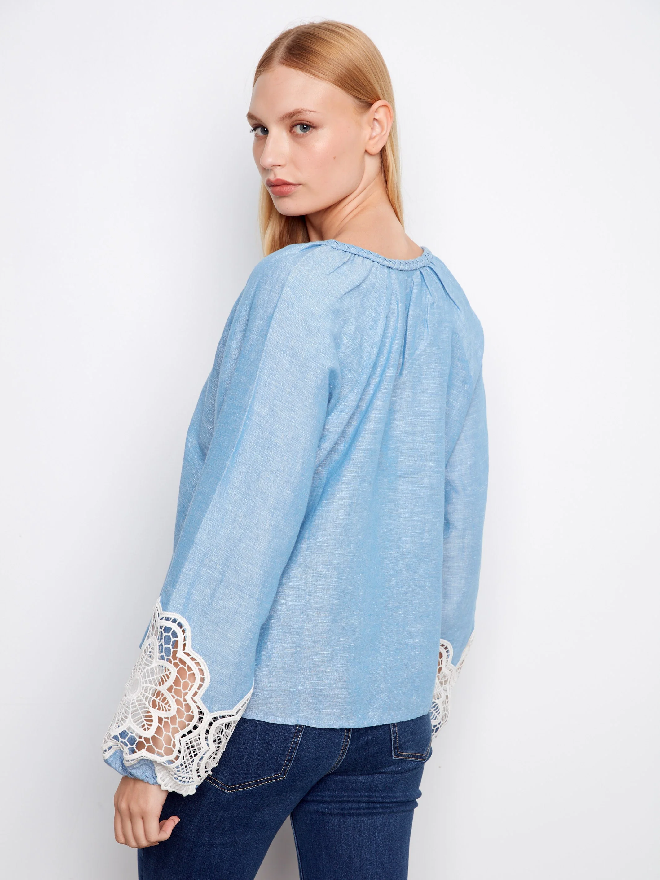 Embroidered Cotton-Linen Blend Blouse - Chambray - Image 4