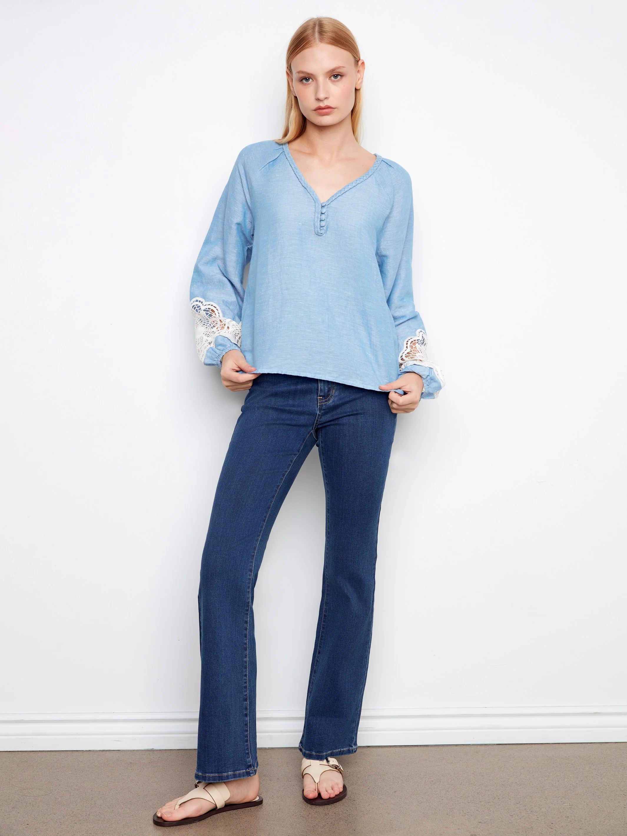 Embroidered Cotton-Linen Blend Blouse - Chambray - Image 5